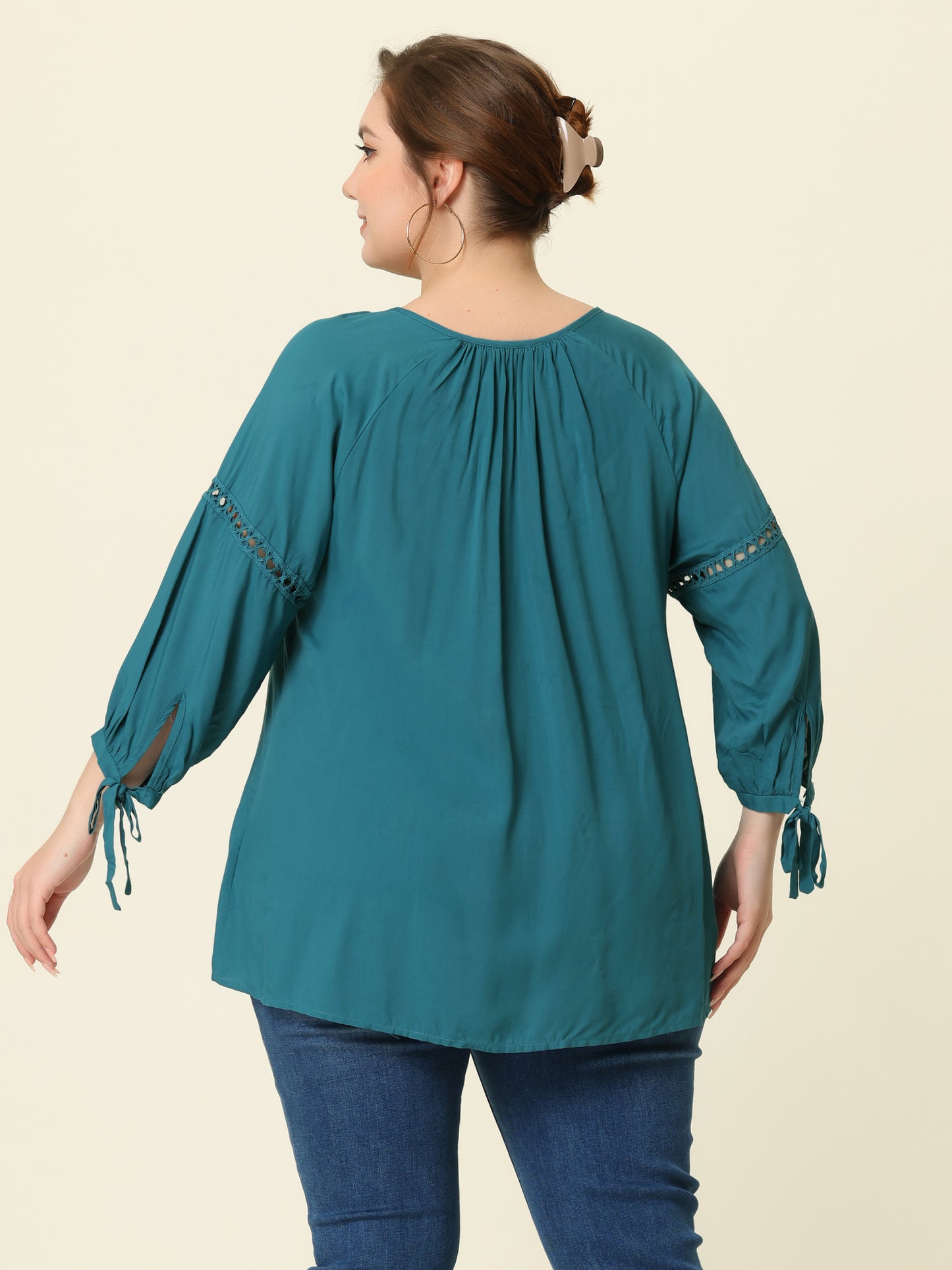Women's Plus Size Raglan Sleeves Hollow Out Tie Neck Tunic Peasant Top