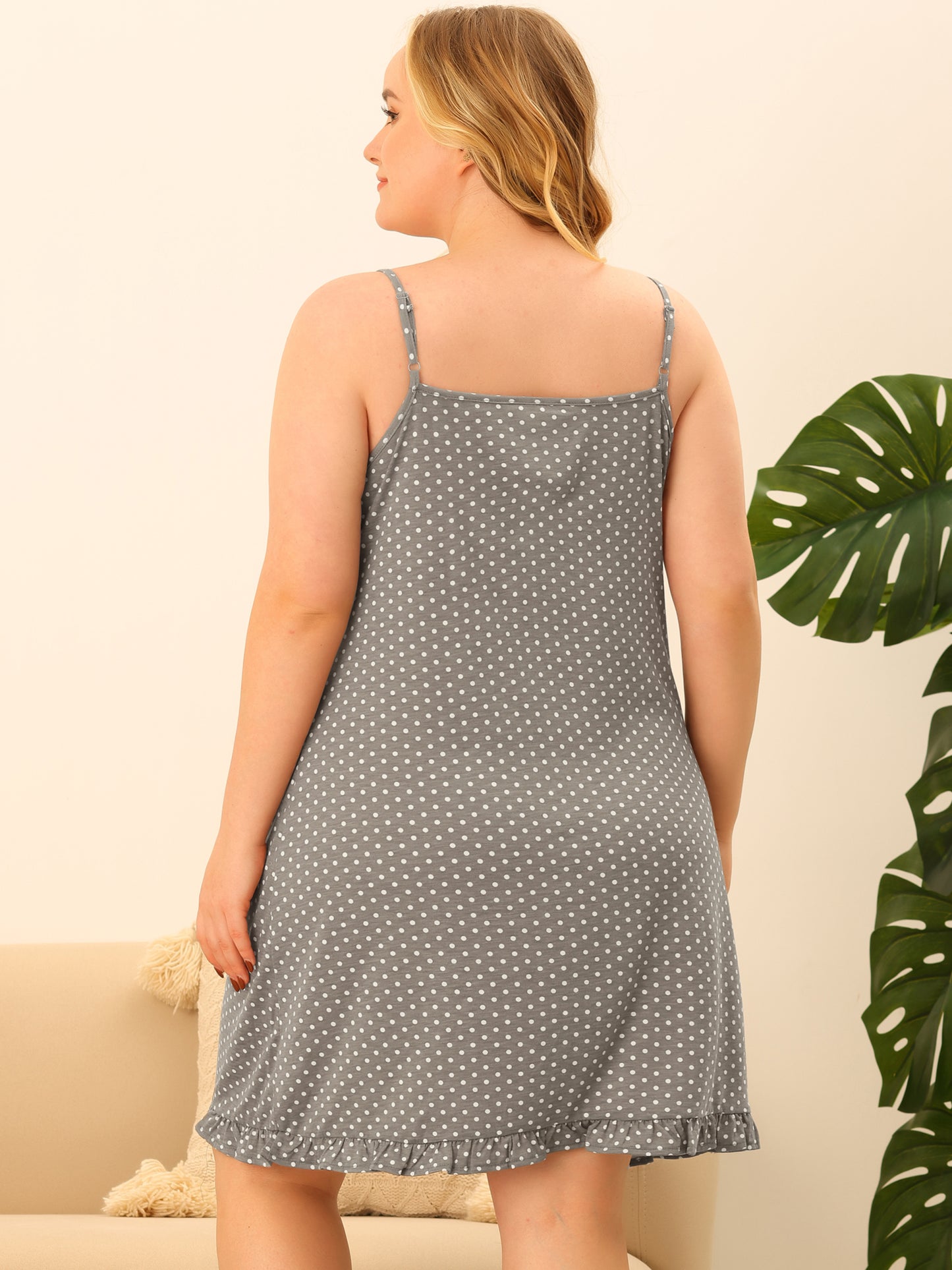Camisón de talla grande para mujer, sin mangas, con lunares y dobladillo con volantes