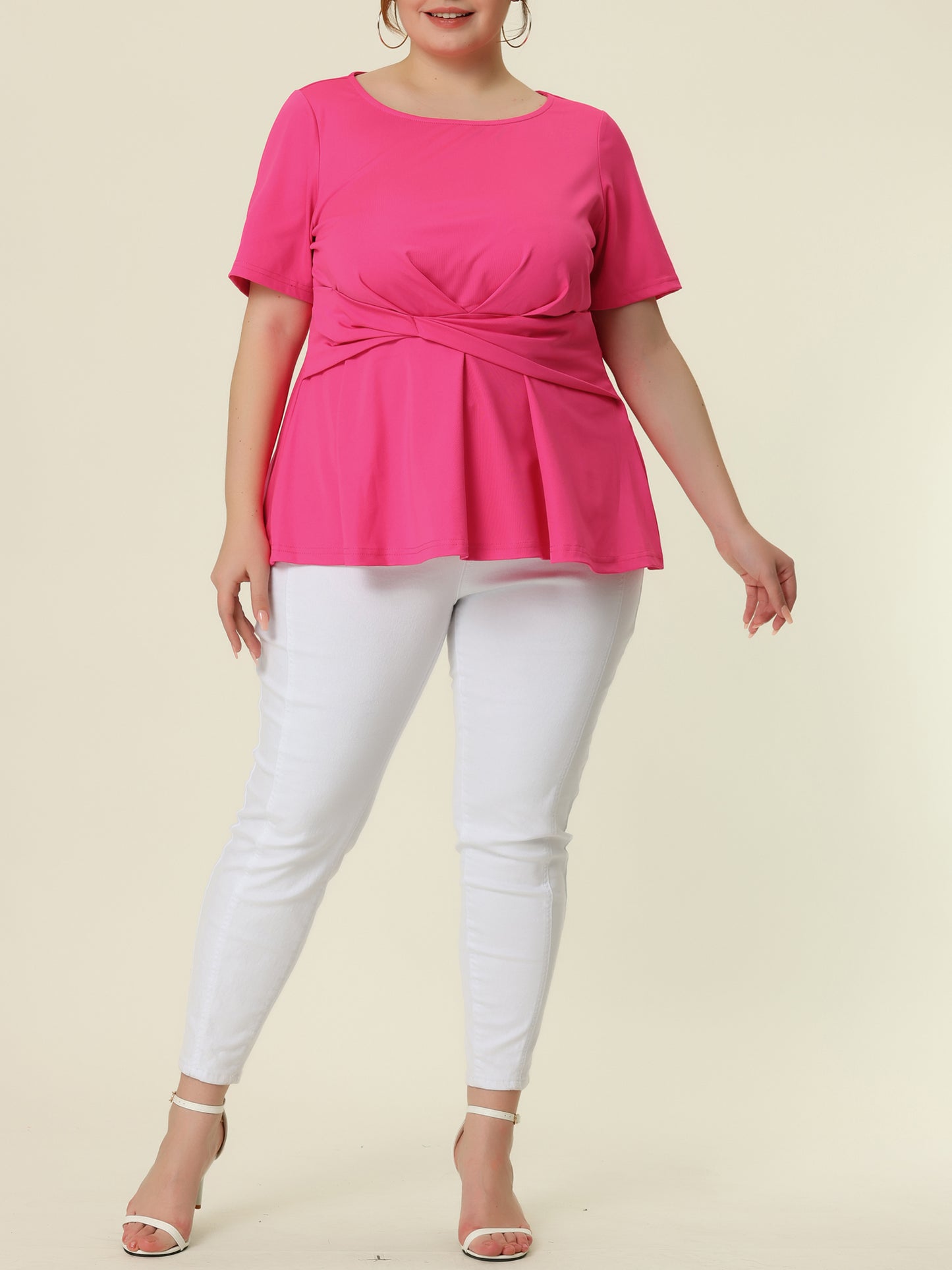 Women's Plus Size Short Sleeves Twisted Knot Front Peplum Top