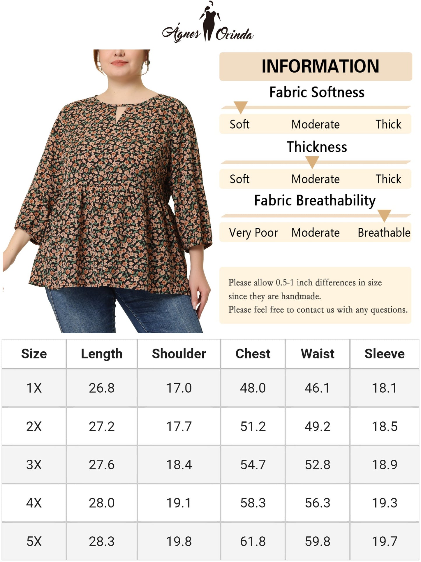 Women's Plus Size 3/4 Sleeves Babydoll Chiffon Keyhole Floral Flowy Blouse