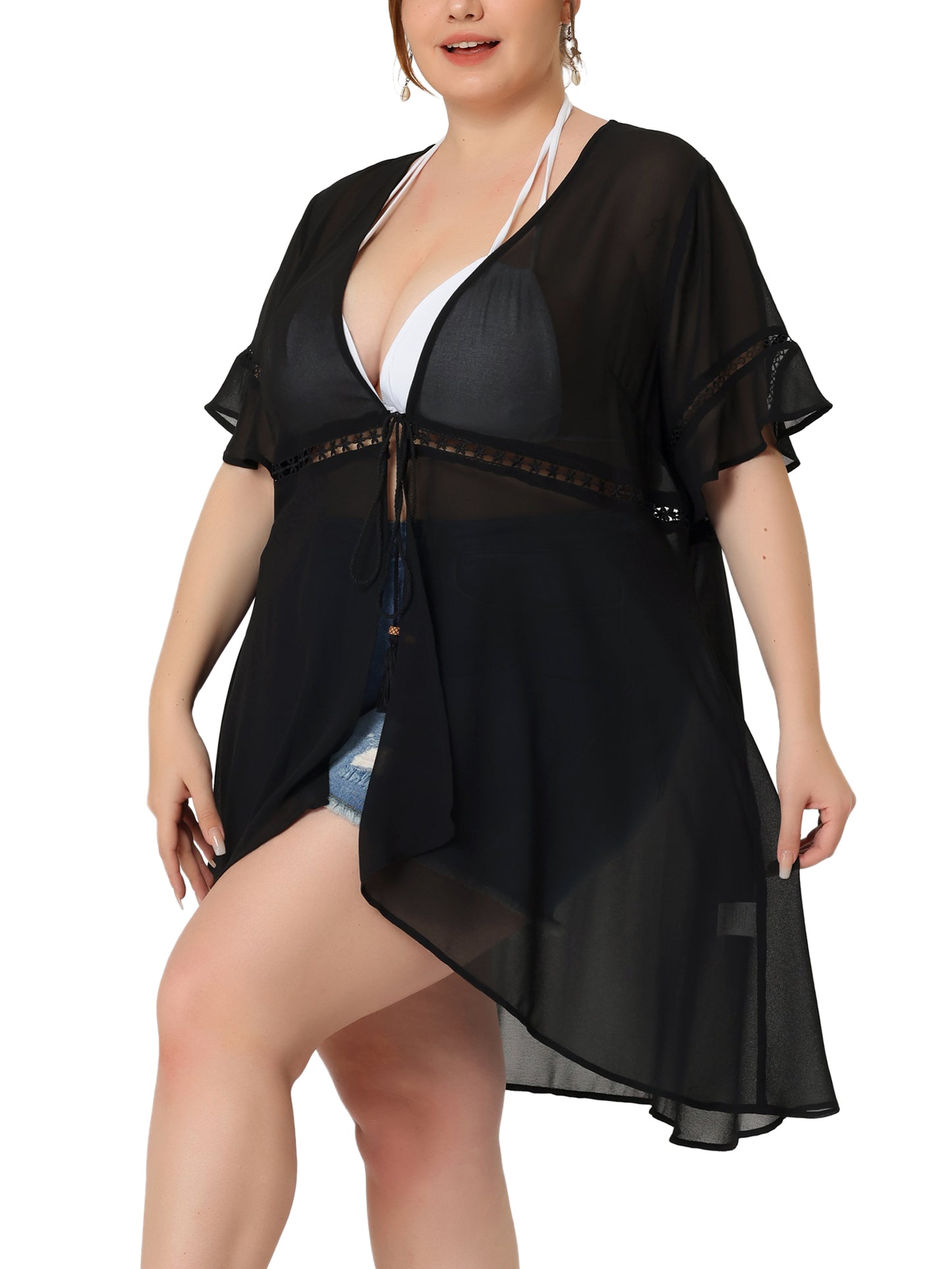Women Plus Size Summer Bikini Cover Up Short Sleeve Tassel Tie Waist Kimono Top Cardigan