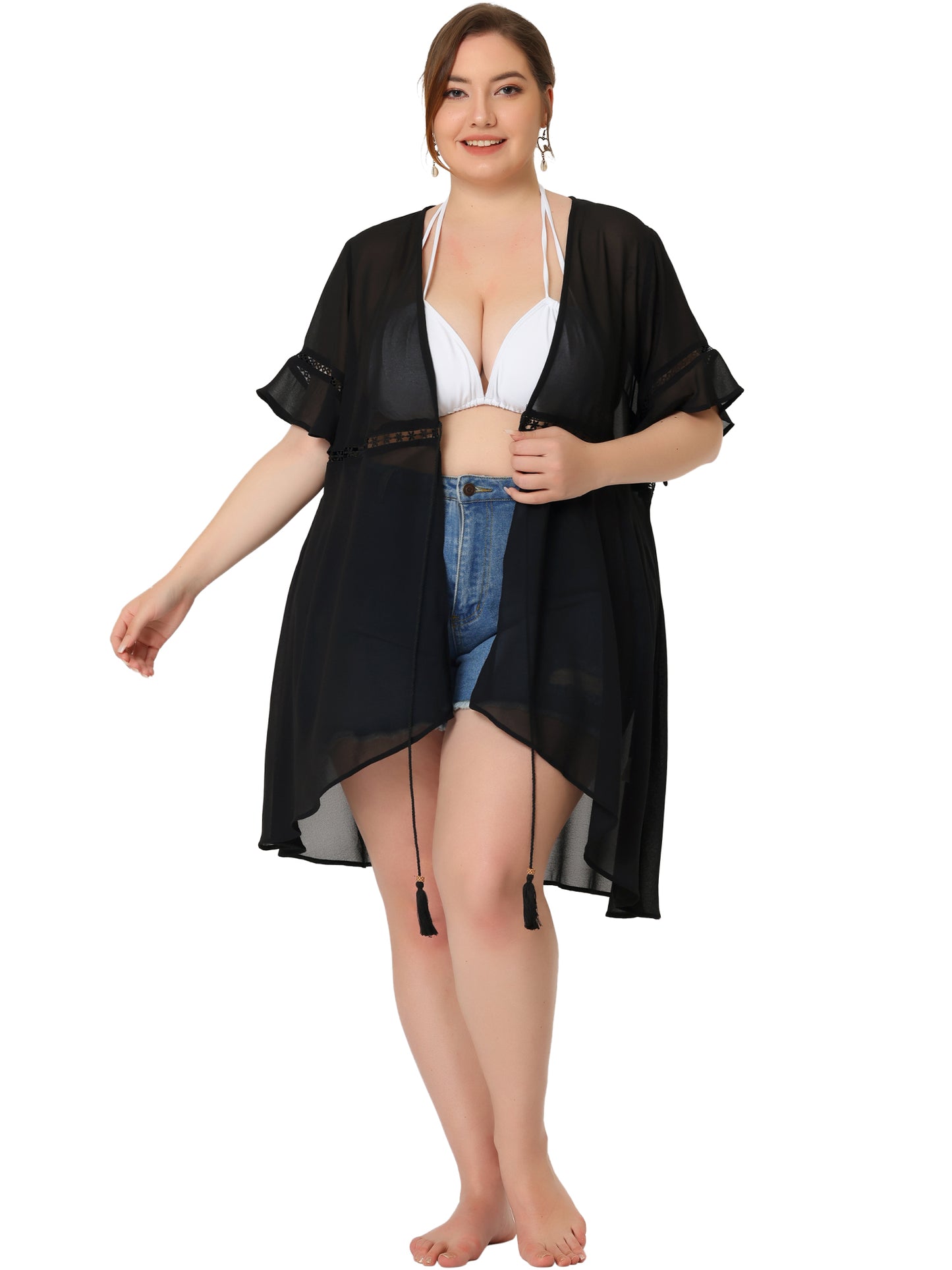 Women Plus Size Summer Bikini Cover Up Short Sleeve Tassel Tie Waist Kimono Top Cardigan