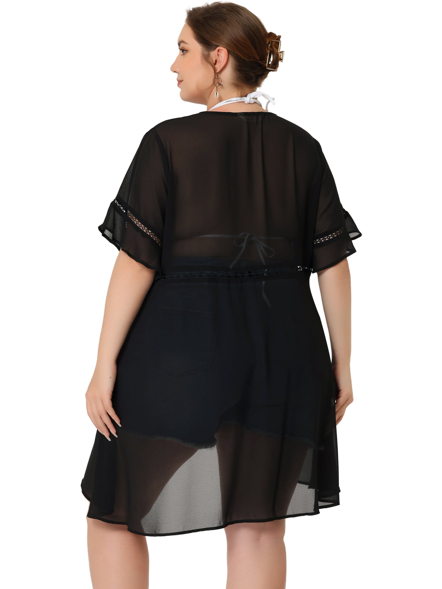 Women Plus Size Summer Bikini Cover Up Short Sleeve Tassel Tie Waist Kimono Top Cardigan