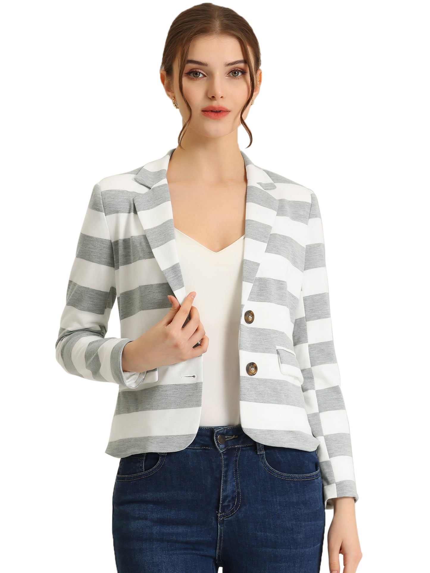 Women's Business Casual Notched Lapel Pocket Button Closure Striped Blazer (Available in Plus Size)