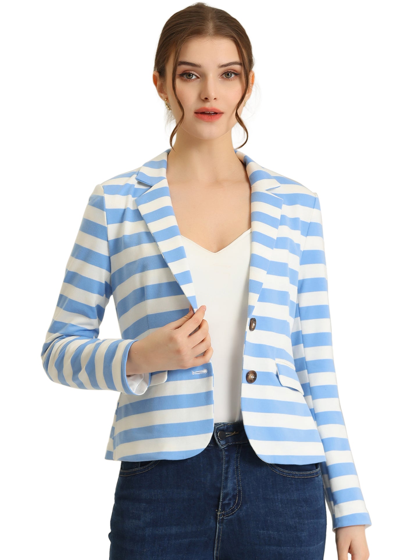 Women's Business Casual Notched Lapel Pocket Button Closure Striped Blazer (Available in Plus Size)