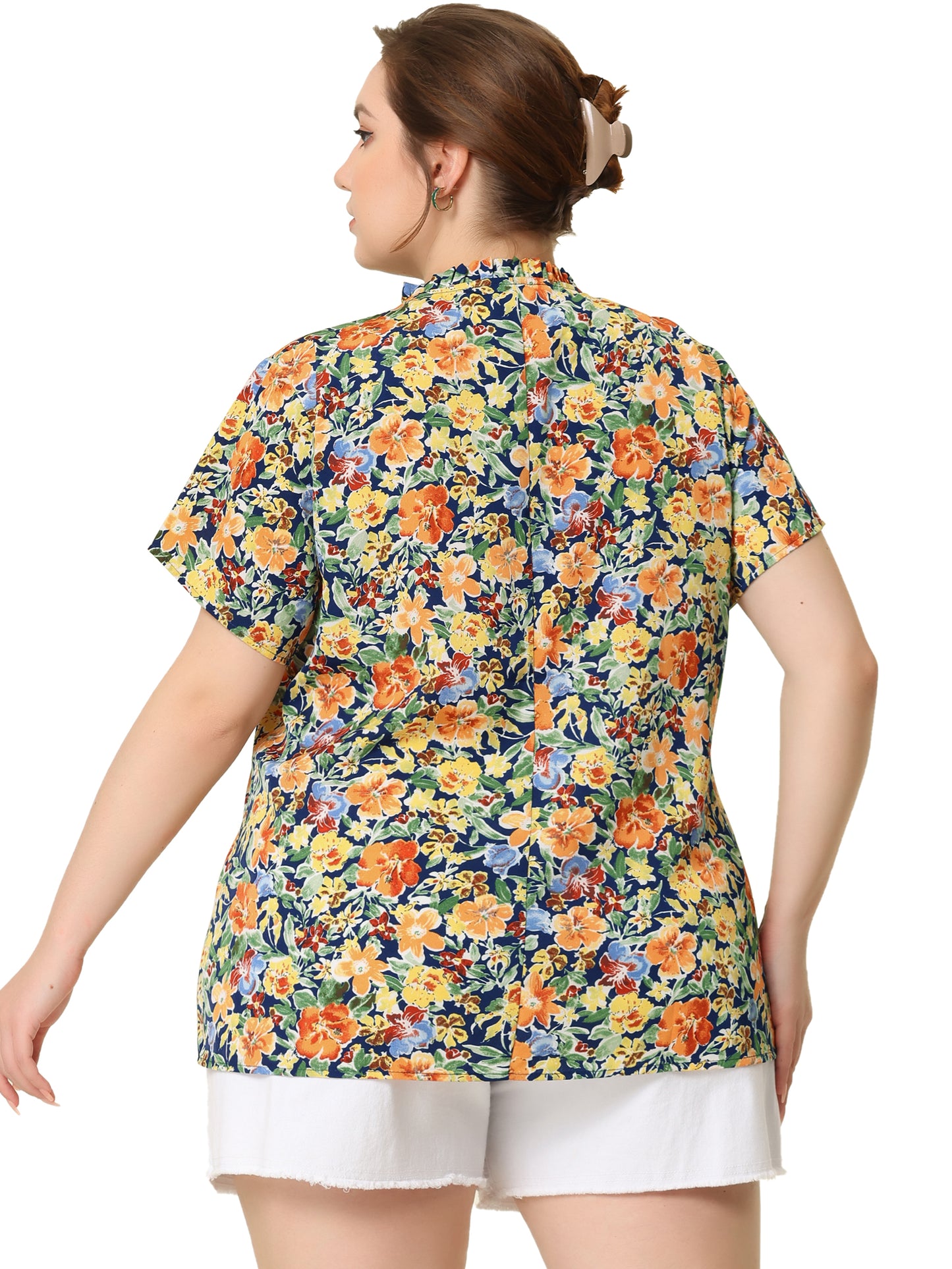 Women Plus Size Tie Neck Short Sleeve Pleated Floral Summer Blouse