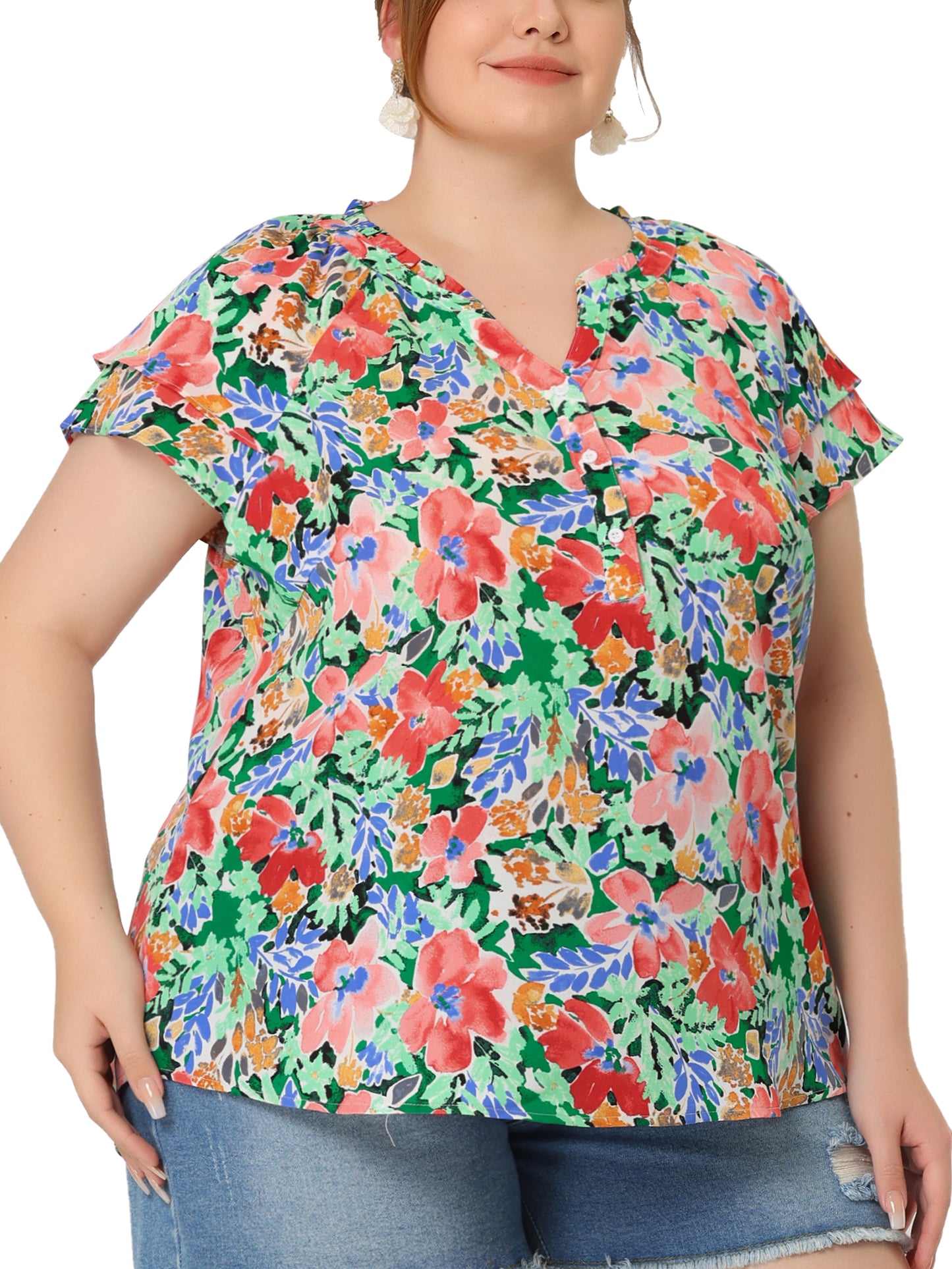 Women's Plus Size Top Floral Printed Ruffle Trim V Neck Layered Sleeve Blouse