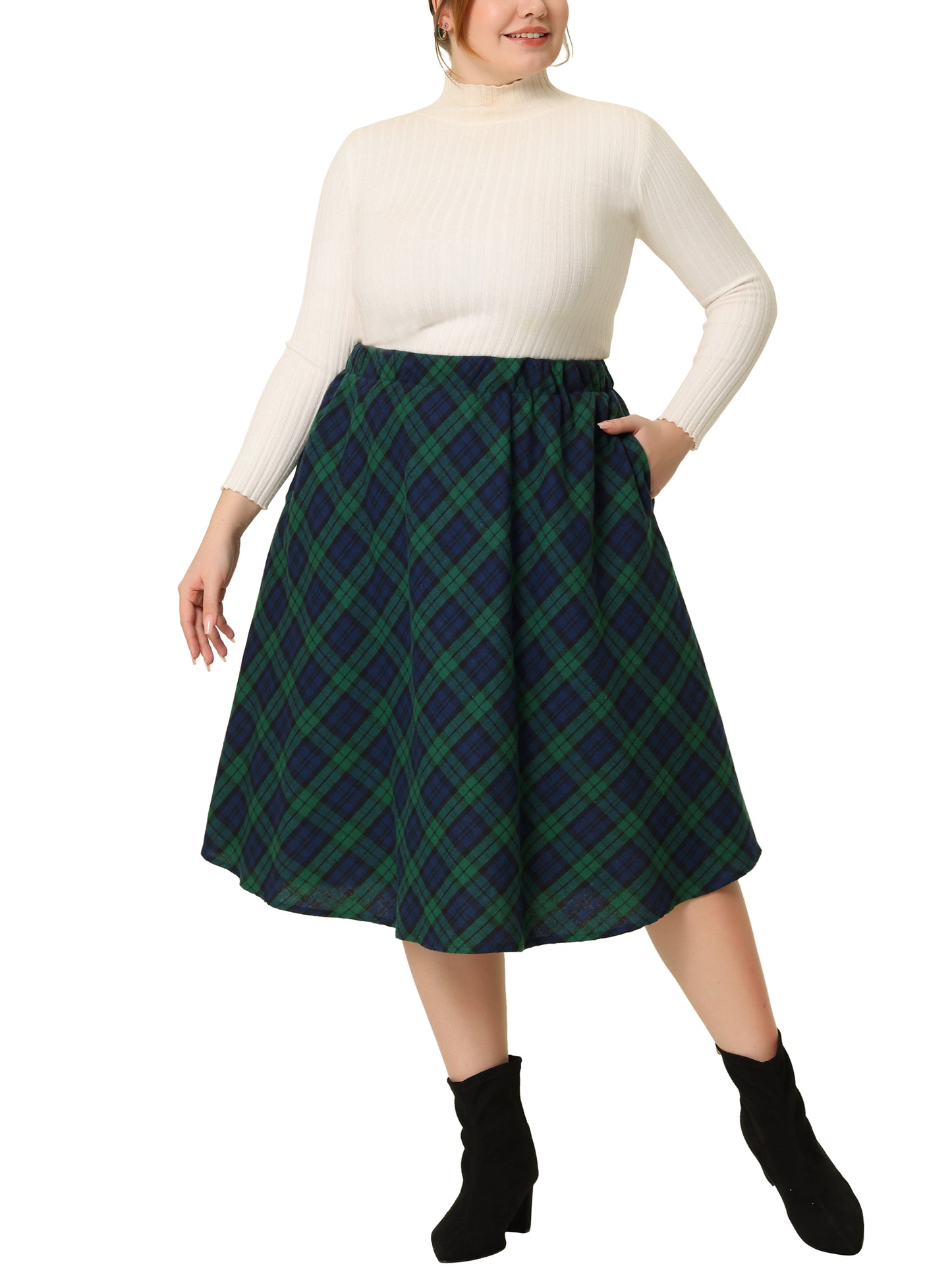 Women Plus Size Vintage Skirt A-line Plaid Printed Flare Elastic High Waist Midi Skirt