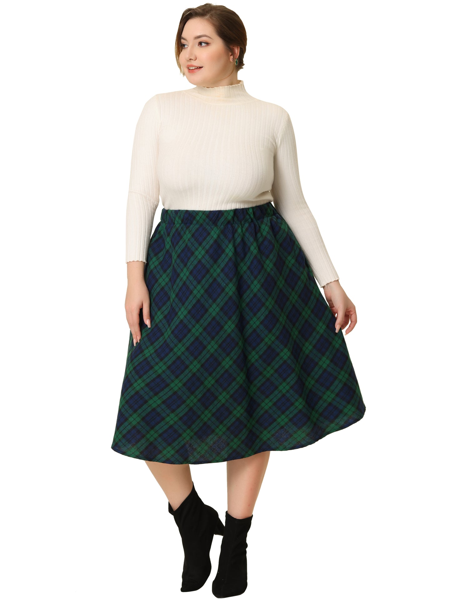 Women Plus Size Vintage Skirt A-line Plaid Printed Flare Elastic High Waist Midi Skirt