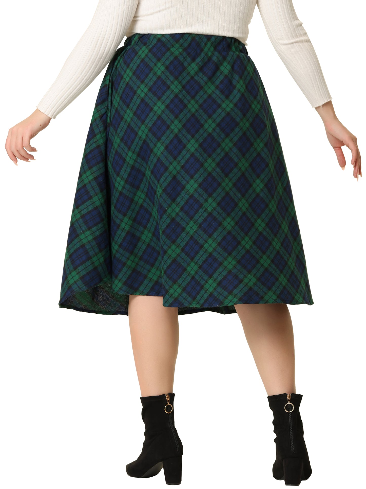 Women Plus Size Vintage Skirt A-line Plaid Printed Flare Elastic High Waist Midi Skirt