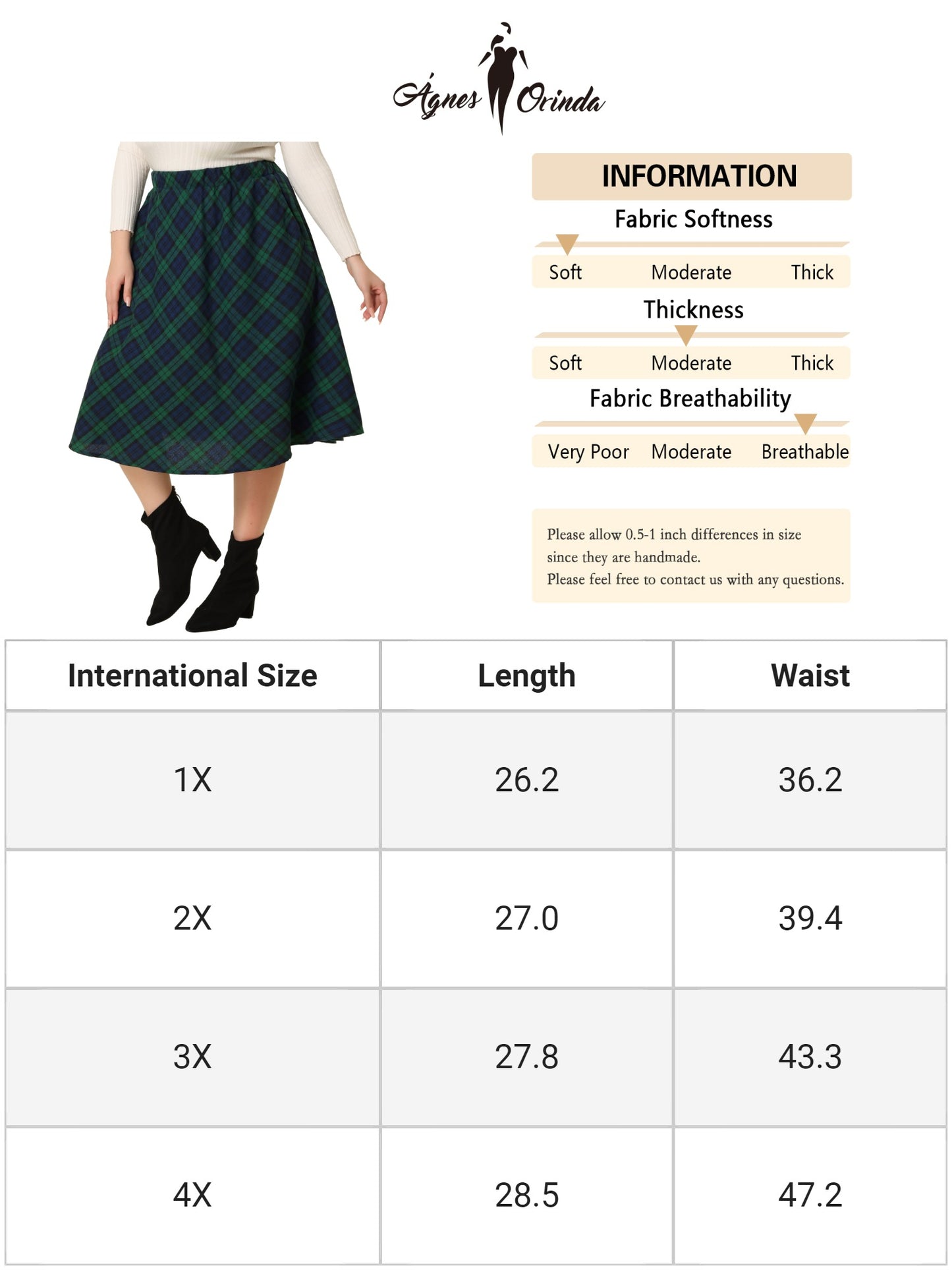 Women Plus Size Vintage Skirt A-line Plaid Printed Flare Elastic High Waist Midi Skirt