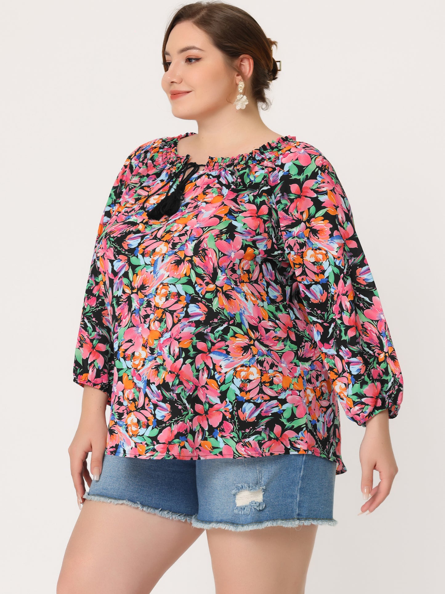 Women's Casual Plus Size Boho Floral Loose Tops Tie 3/4 Sleeve Beach Tunic Blouse