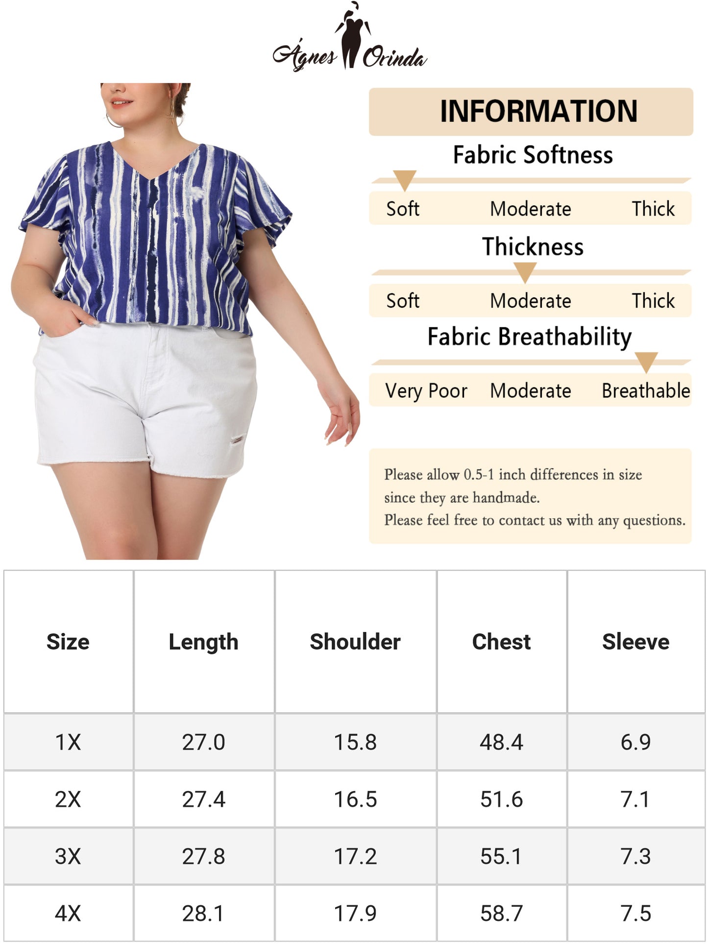 Blusa informal de verano con estampado de rayas y cuello en V y manga corta para mujer, talla grande