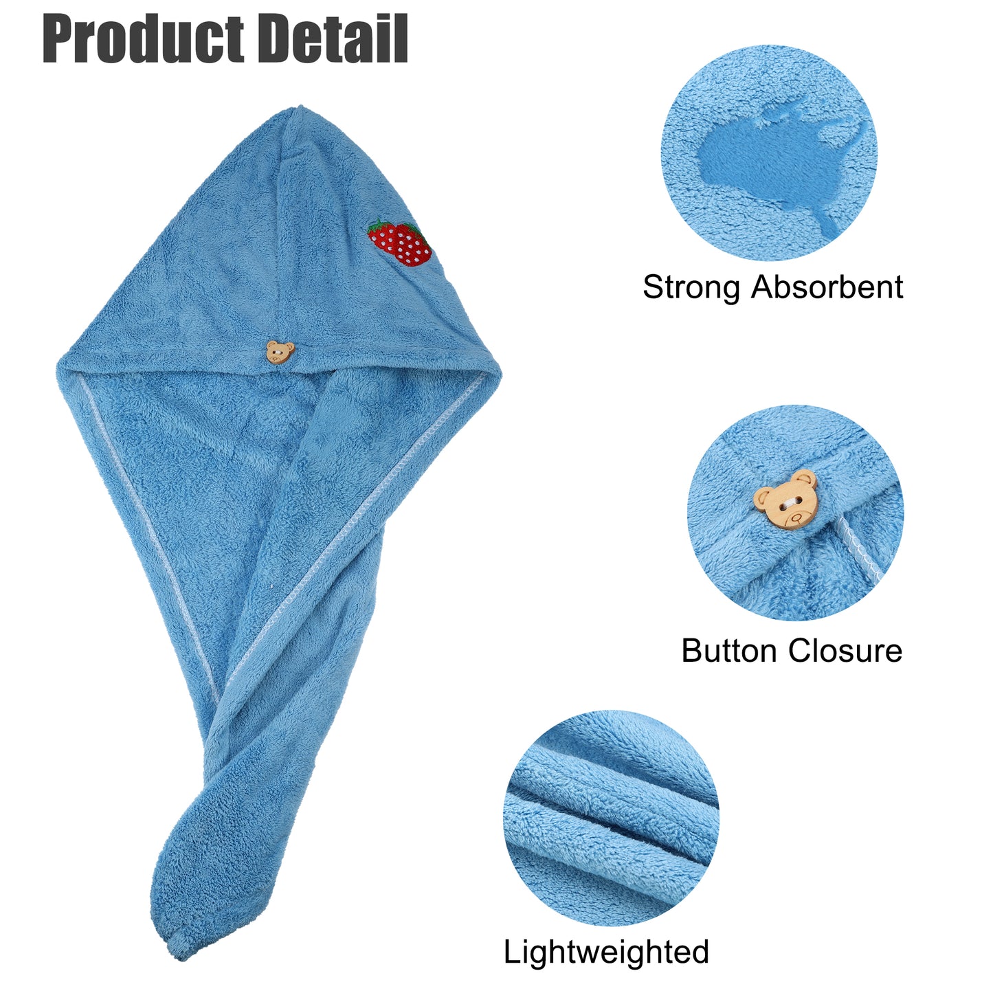 1 Pc Soft Hair Towel Wrap, Microfiber Strawberry Pattern Drying Cap Lake Blue