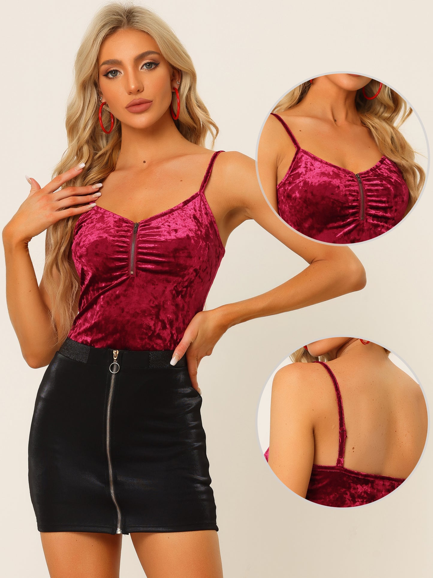 Women's Party Cami Top Velvet Zip Up Spaghetti Strap Halloween Sleeveless Tank Tops