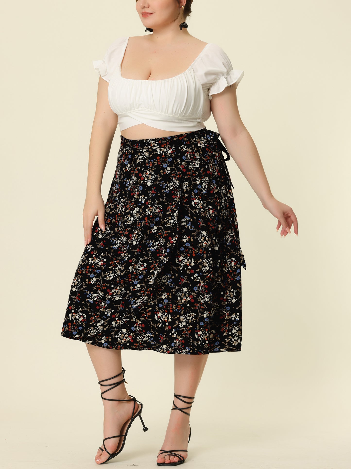 Falda midi de talle alto con volantes y corte en A, estilo bohemio, floral, elegante, para mujer, talla grande