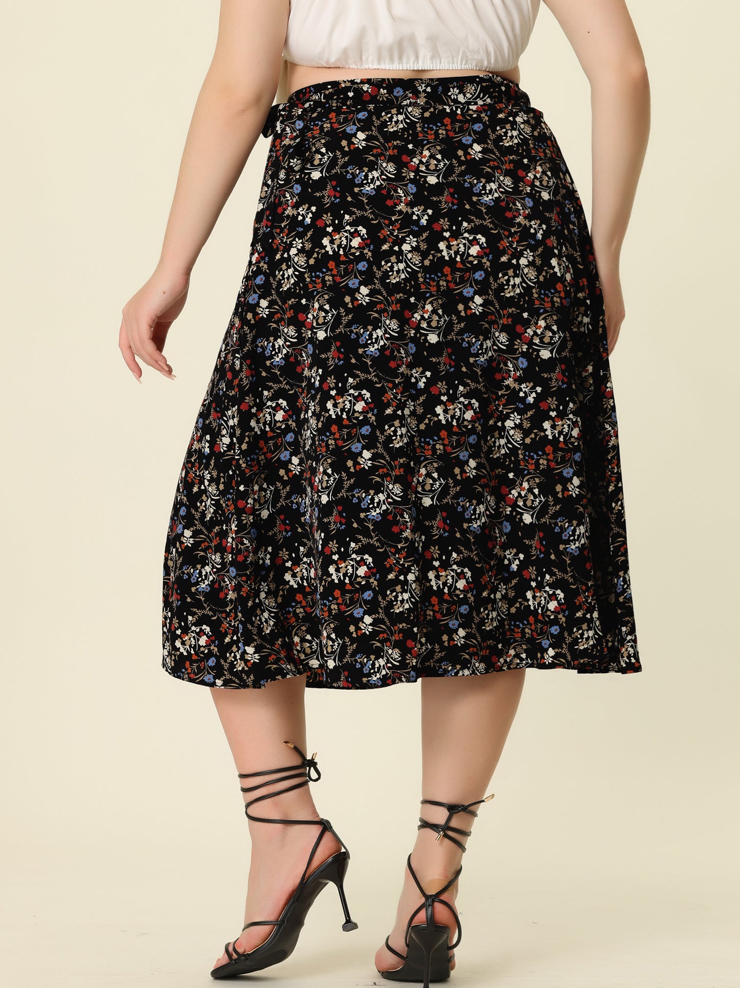 Falda midi de talle alto con volantes y corte en A, estilo bohemio, floral, elegante, para mujer, talla grande