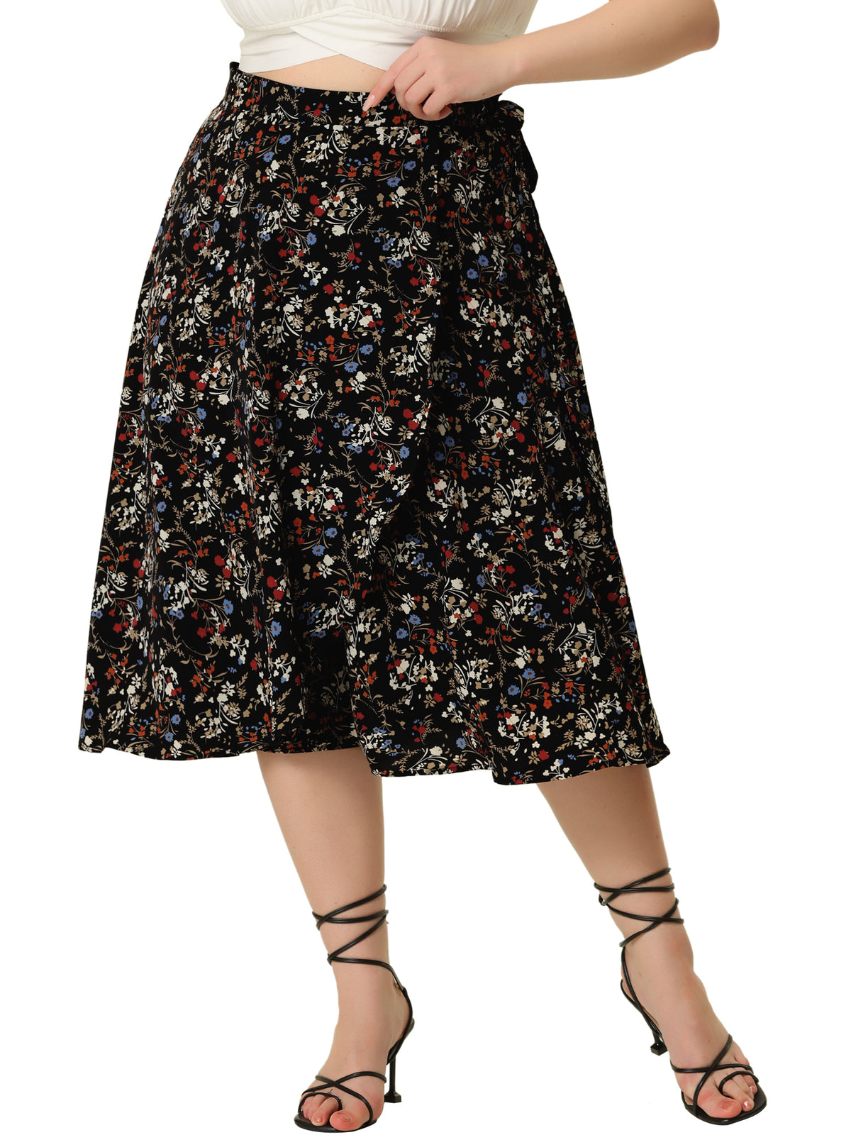 Women's Plus Size Boho Floral Wrap A Line Midi Chic Ruffled Hem High Waisted Skirt