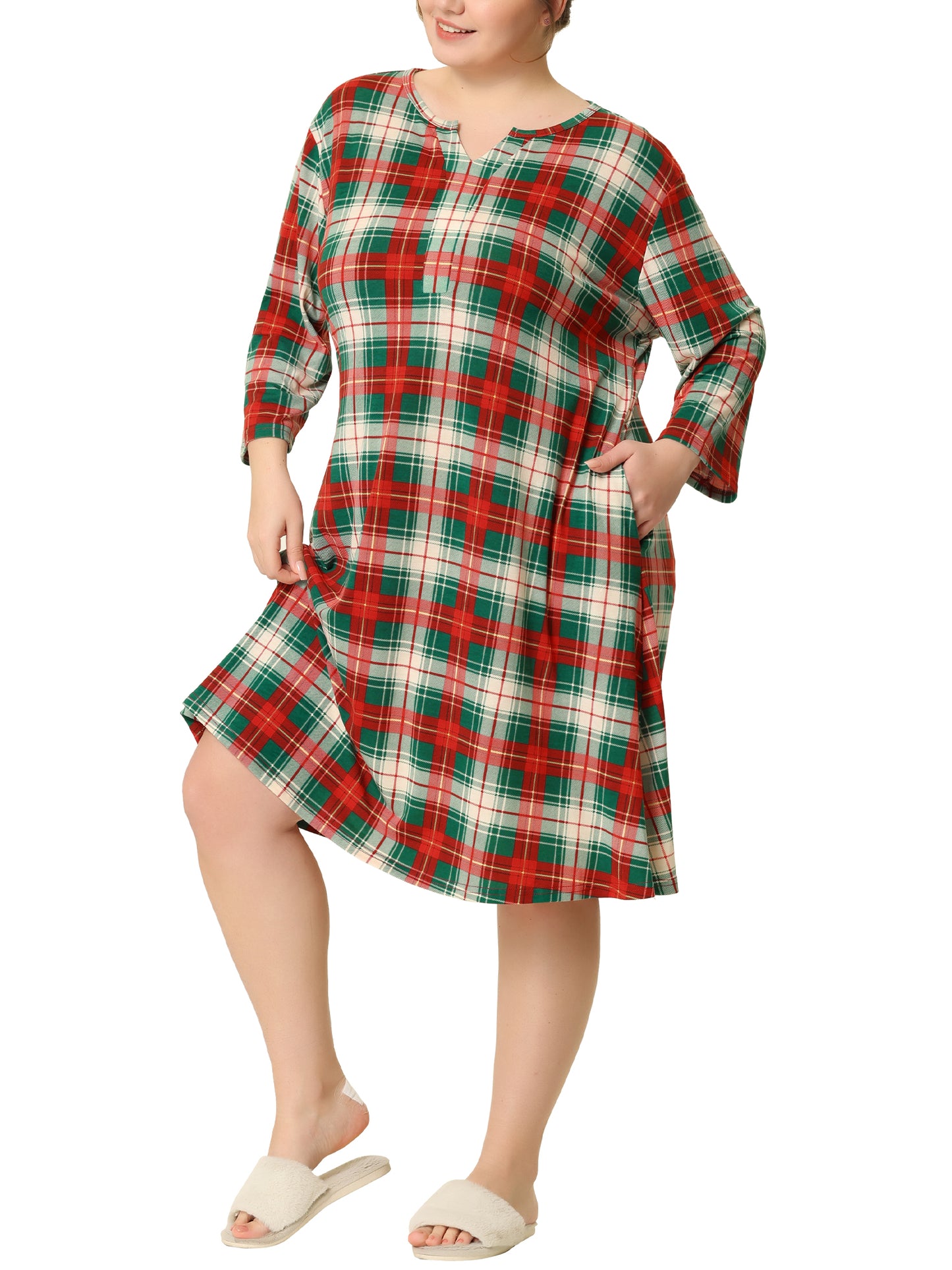 Women Plus Size Nightgown Plaid V Neck Lounge Sleep Dress Nightgowns