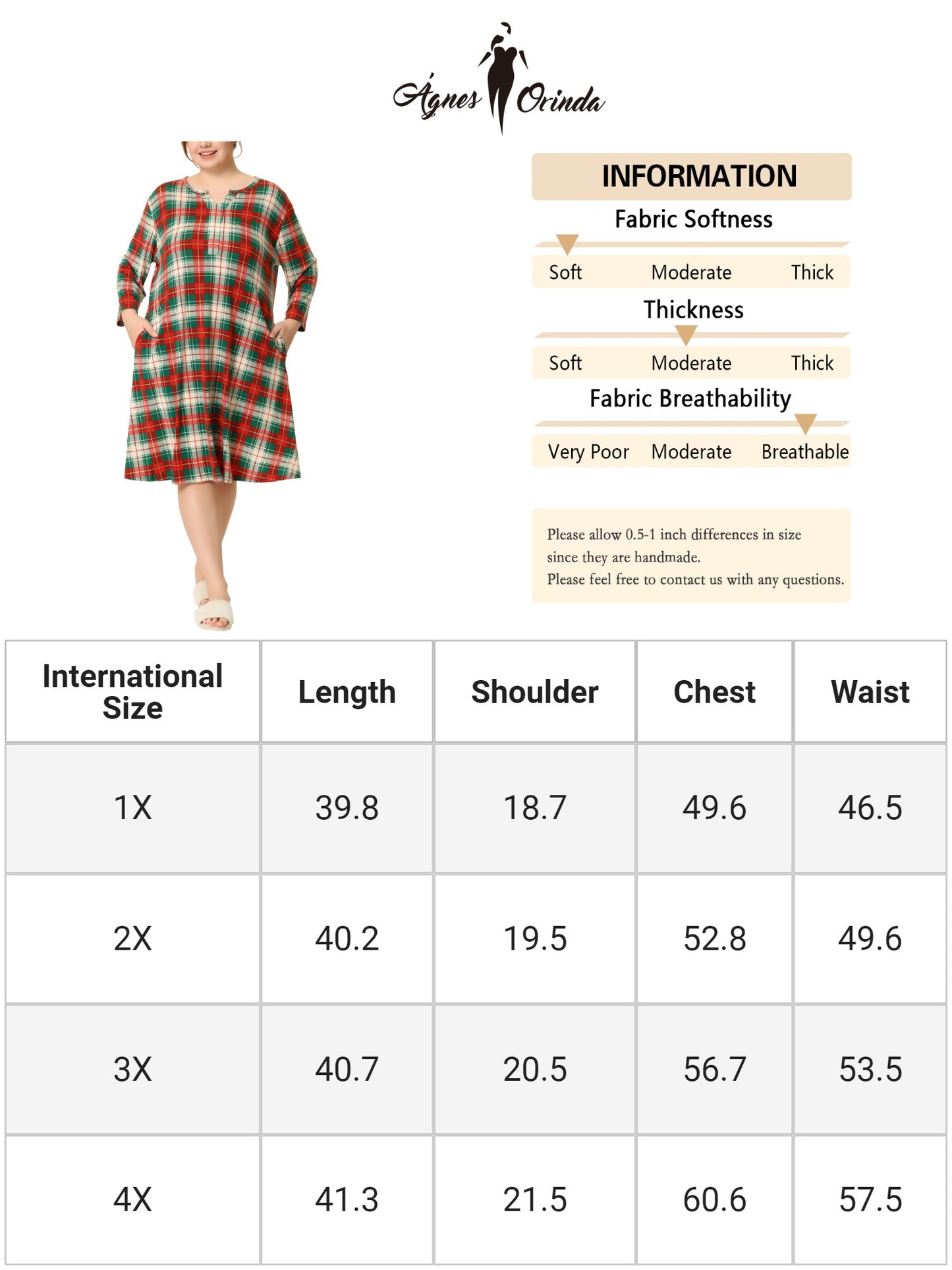 Camisón de talla grande para mujer, a cuadros, con cuello en V, para dormir