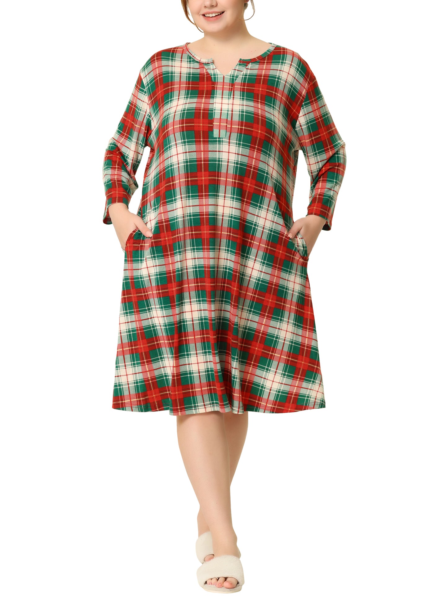 Women Plus Size Nightgown Plaid V Neck Lounge Sleep Dress Nightgowns