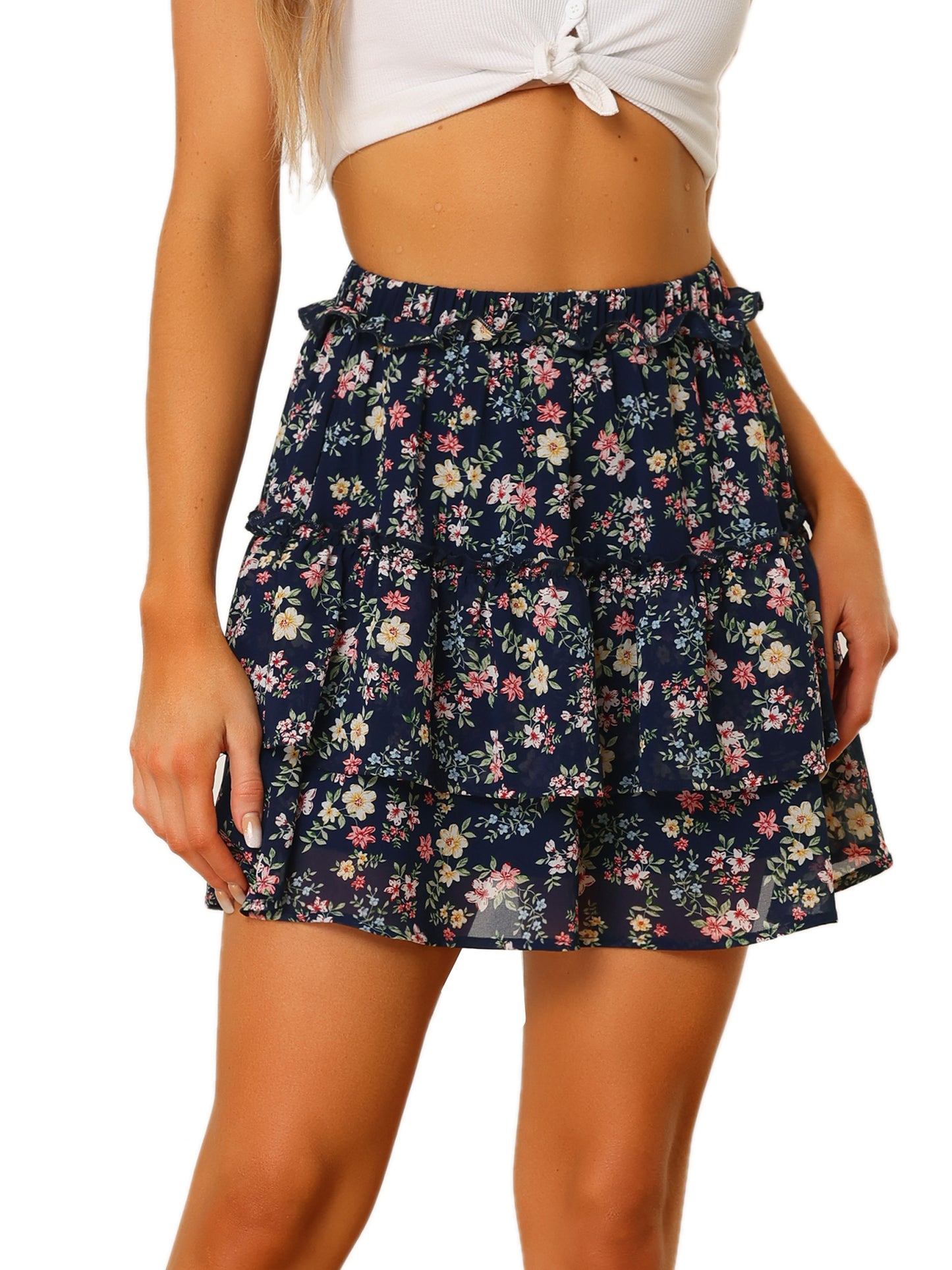 Minifalda skater floral con cintura elástica y dobladillo con volantes en capas para mujer