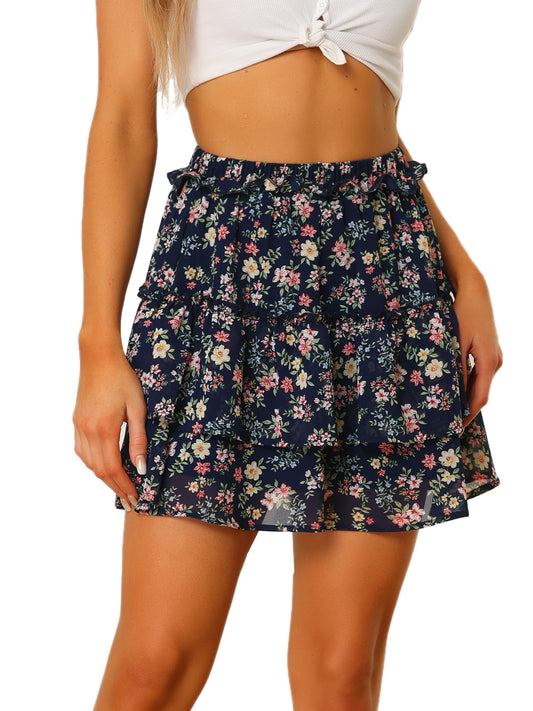 Women's Layered Ruffle Hem Elastic Waist A-Line Skater Floral Mini Skirt