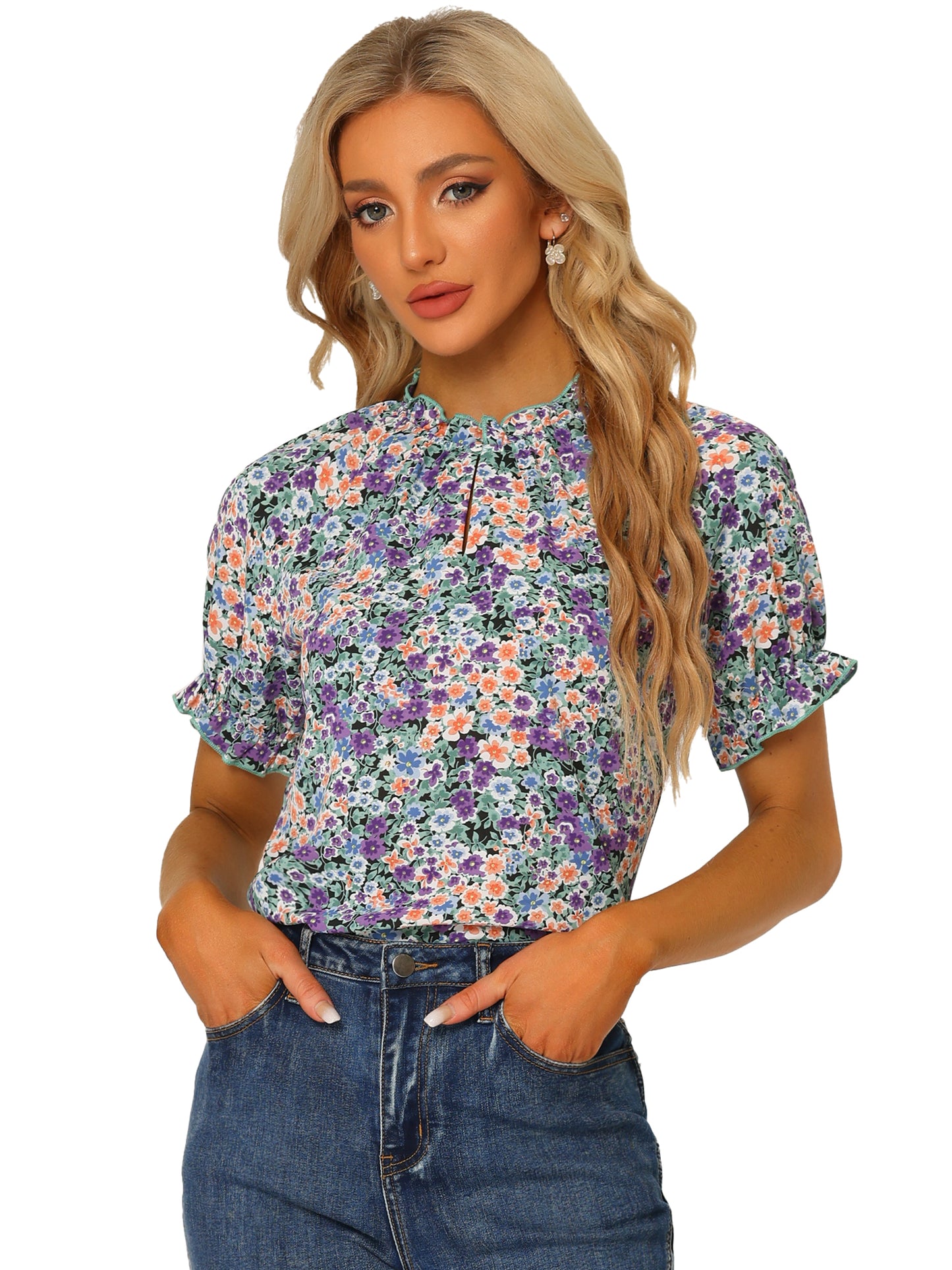 Blusa informal de verano de manga corta con cuello alto y estampado floral con volantes para mujer