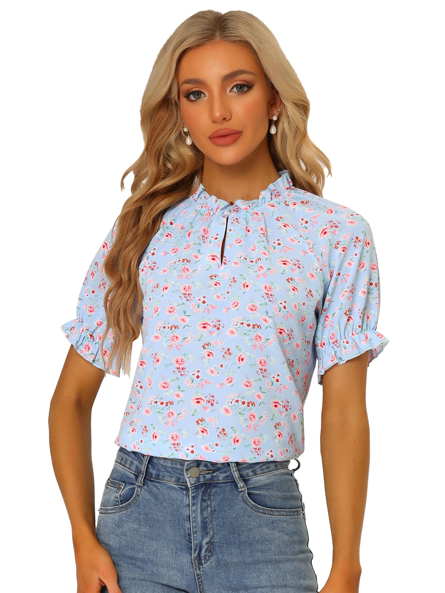 Blusa informal de verano de manga corta con cuello alto y estampado floral con volantes para mujer