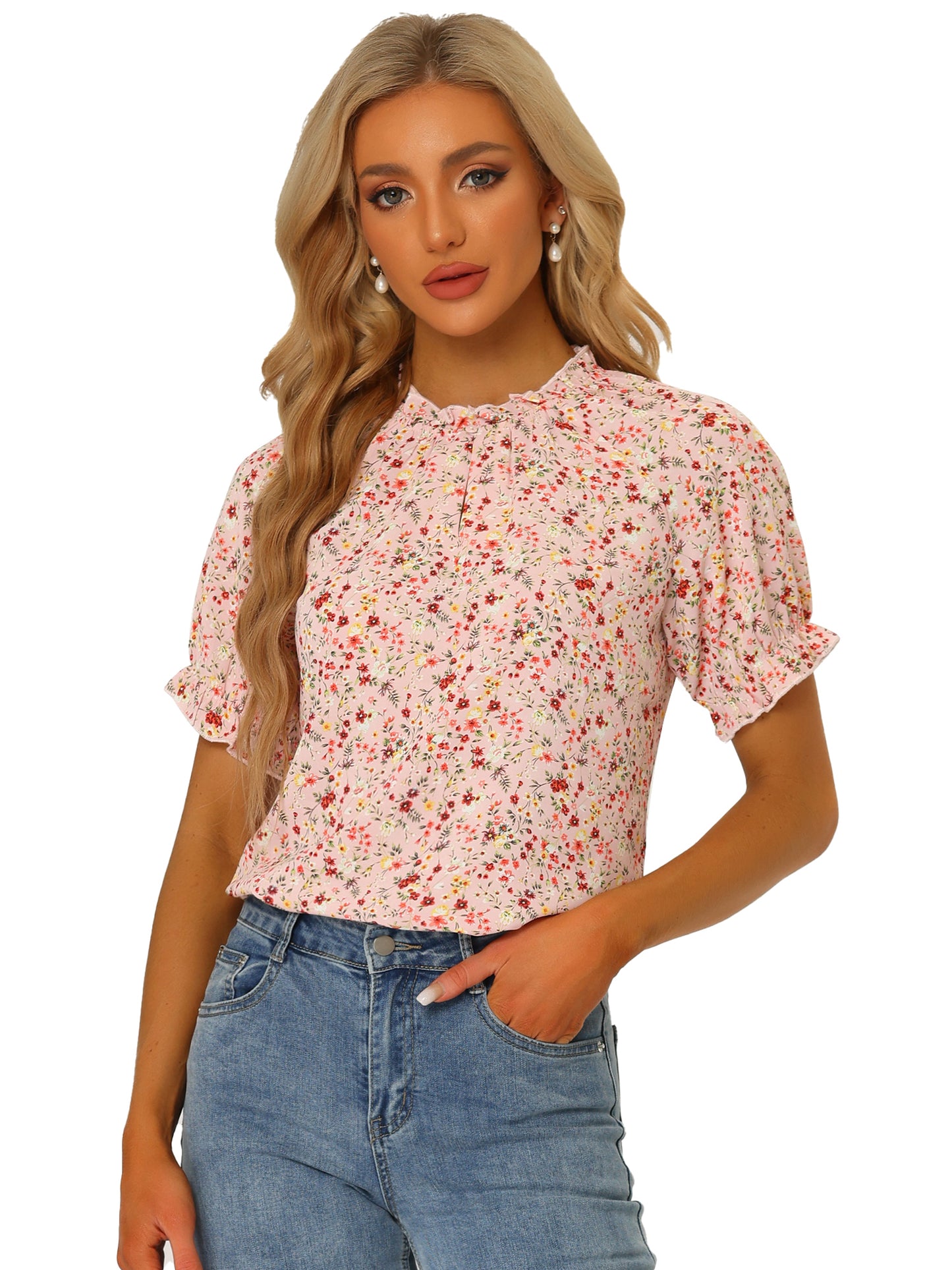 Blusa informal de verano de manga corta con cuello alto y estampado floral con volantes para mujer