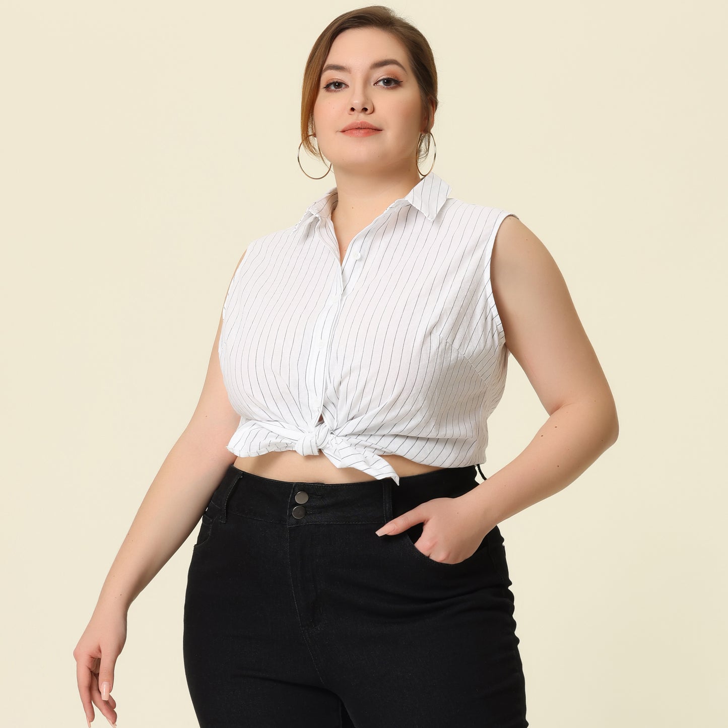 Women's Plus Size Sleeveless Top Summer Casual Office Button Down Tank Top Shirt