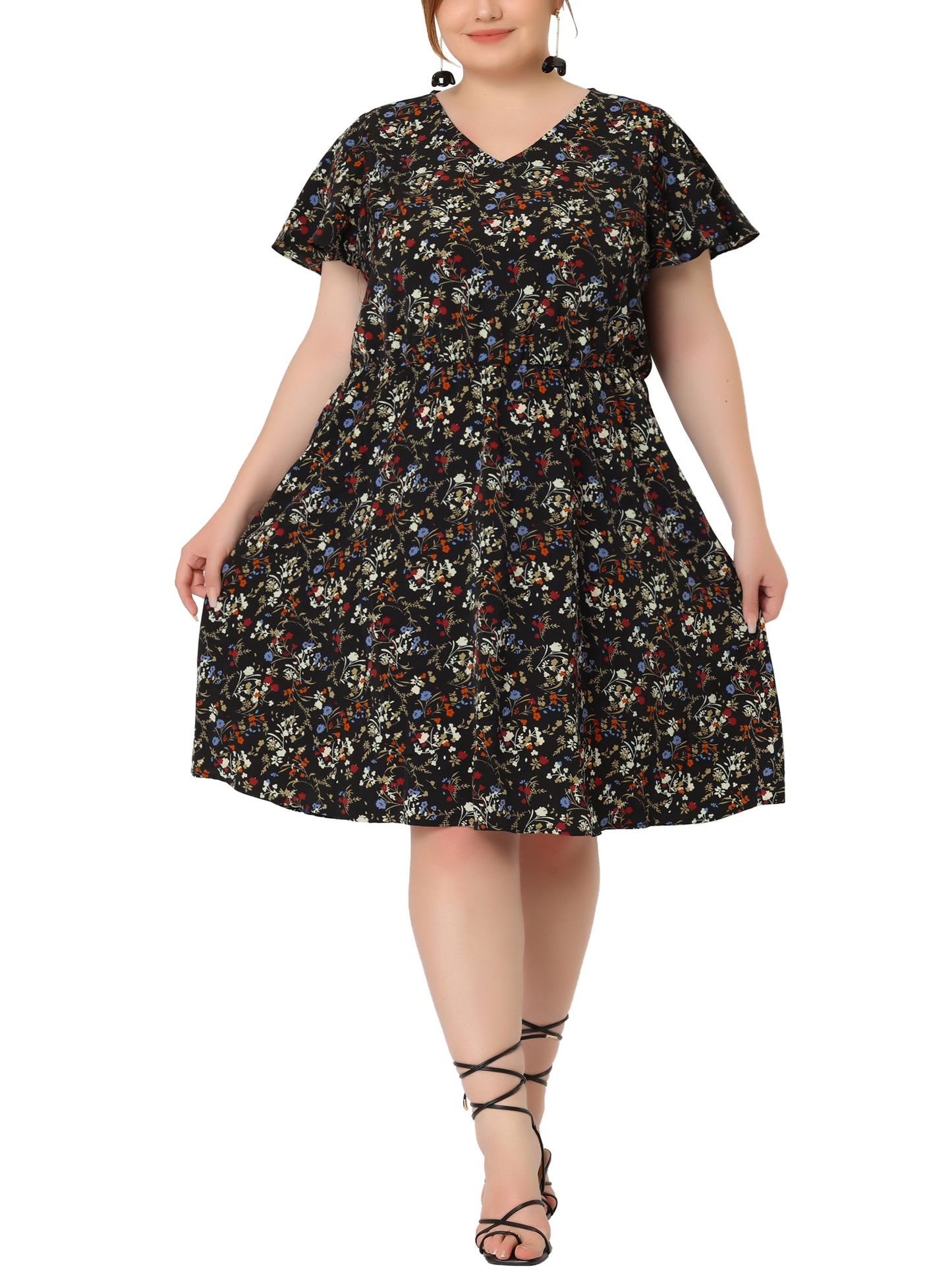 Women Plus Size Summer V Neck Flare Sleeve Sundress Peplum Midi Ruffle Dress