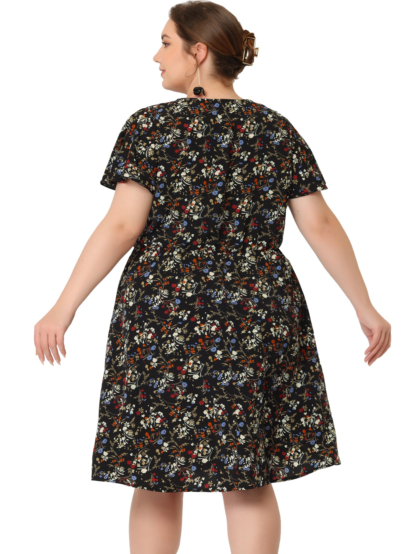 Women Plus Size Summer V Neck Flare Sleeve Sundress Peplum Midi Ruffle Dress