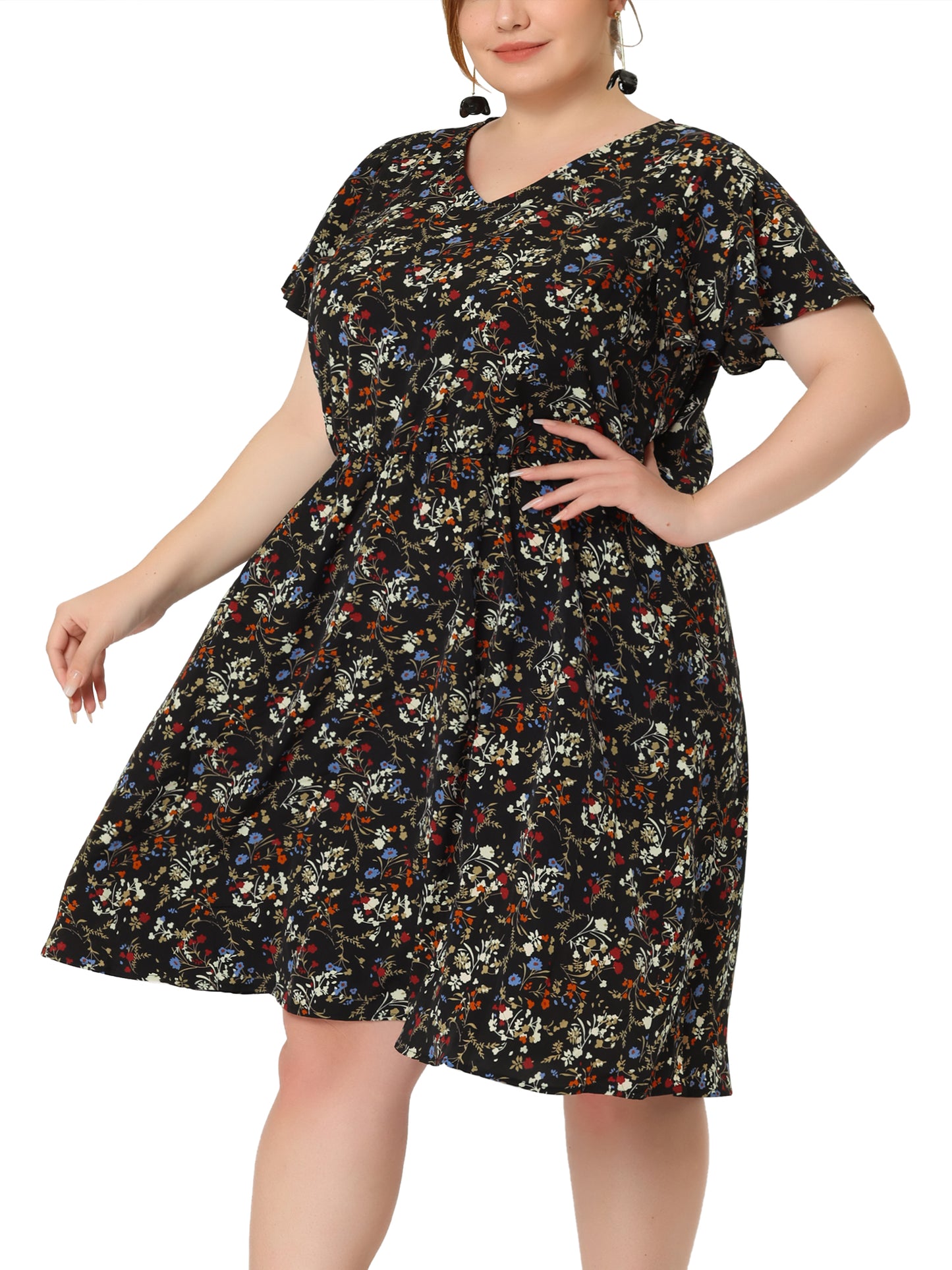 Women Plus Size Summer V Neck Flare Sleeve Sundress Peplum Midi Ruffle Dress