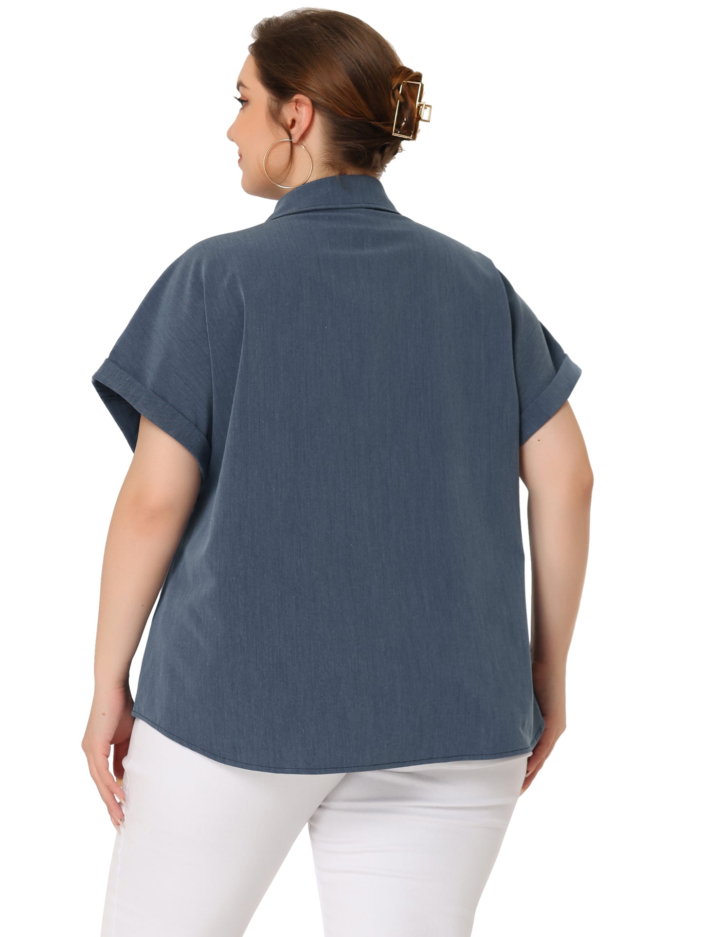 Women Plus Size Chambray Shirt Work Tops Roll Sleeves Buttons Down Shirt