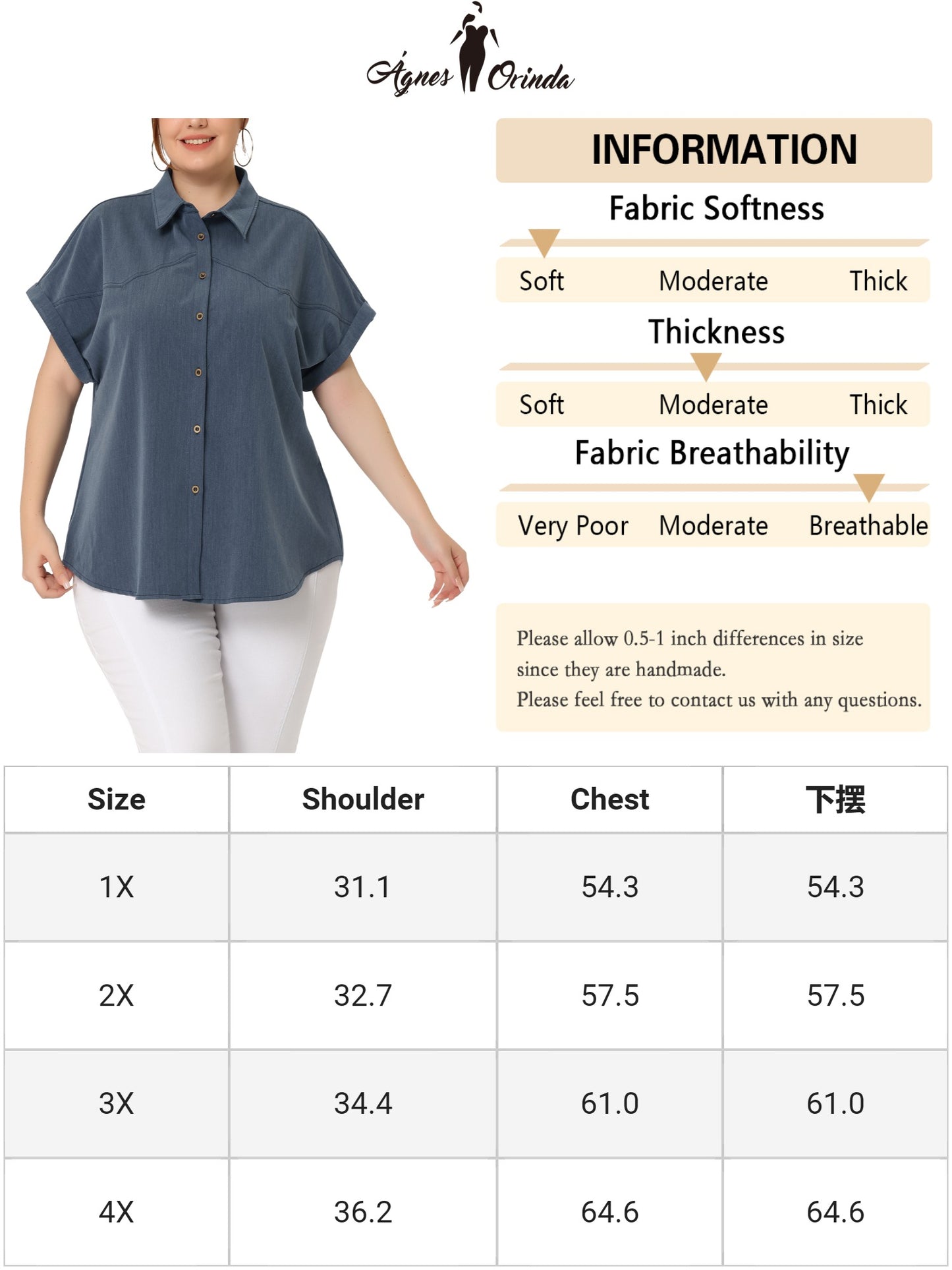 Women Plus Size Chambray Shirt Work Tops Roll Sleeves Buttons Down Shirt