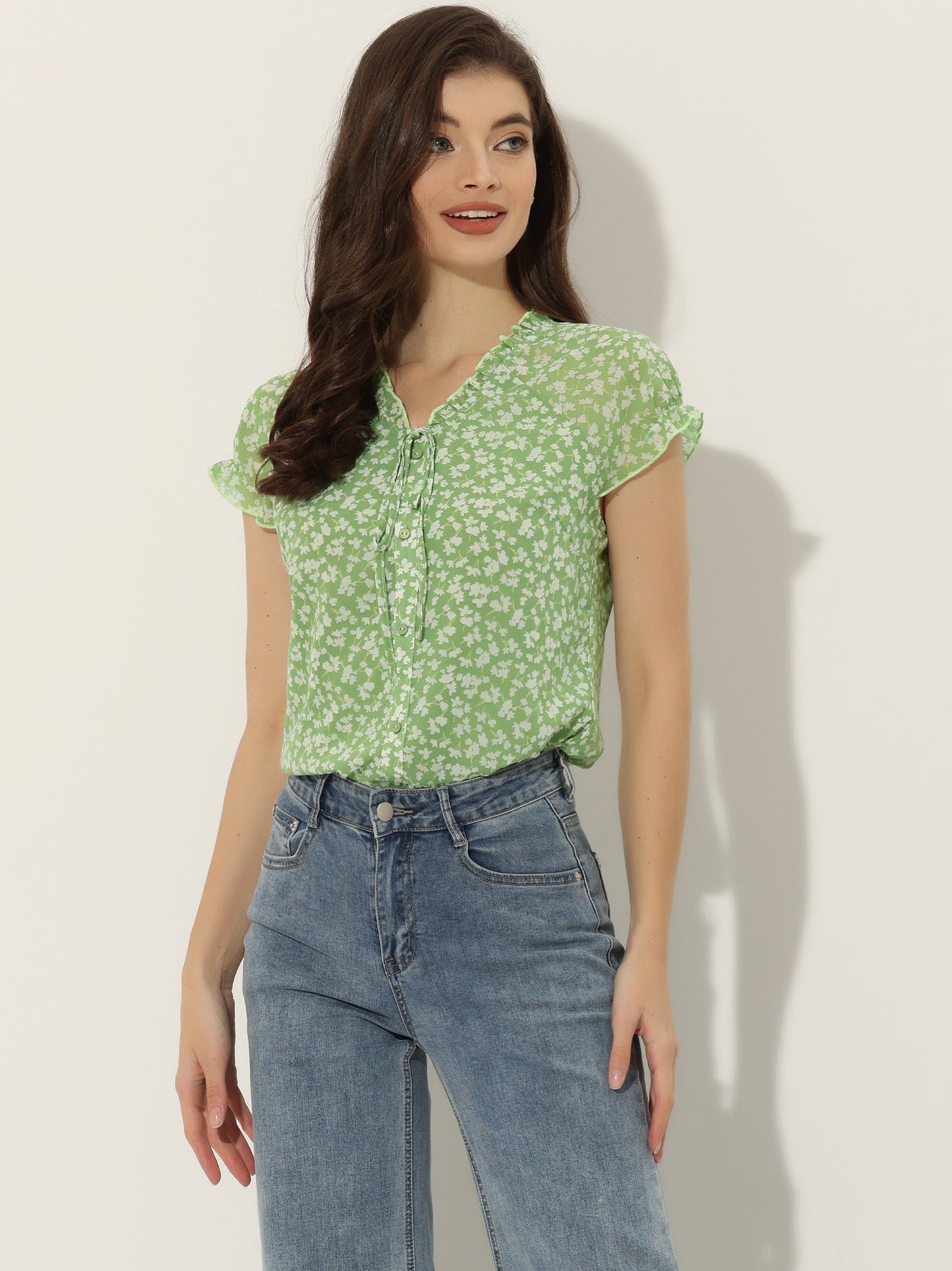 Women's Floral Summer V Neck Short Cap Sleeve Ruffle Chiffon Blouse