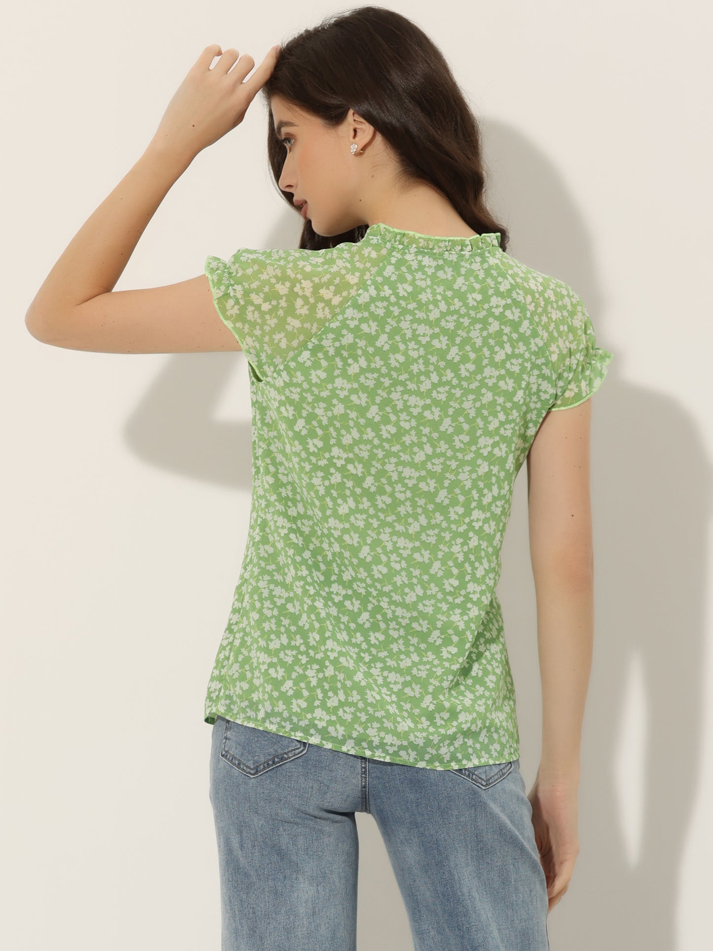 Women's Floral Summer V Neck Short Cap Sleeve Ruffle Chiffon Blouse