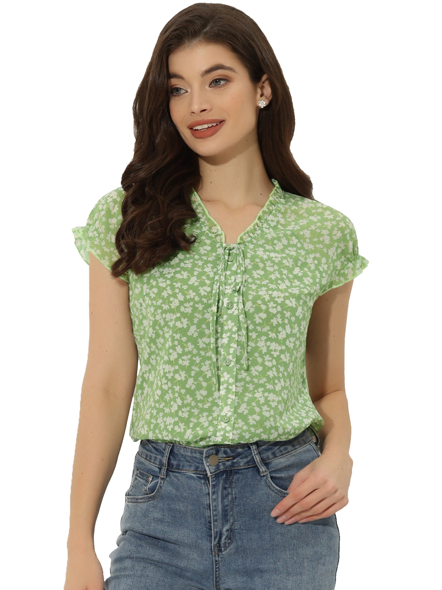 Women's Floral Summer V Neck Short Cap Sleeve Ruffle Chiffon Blouse