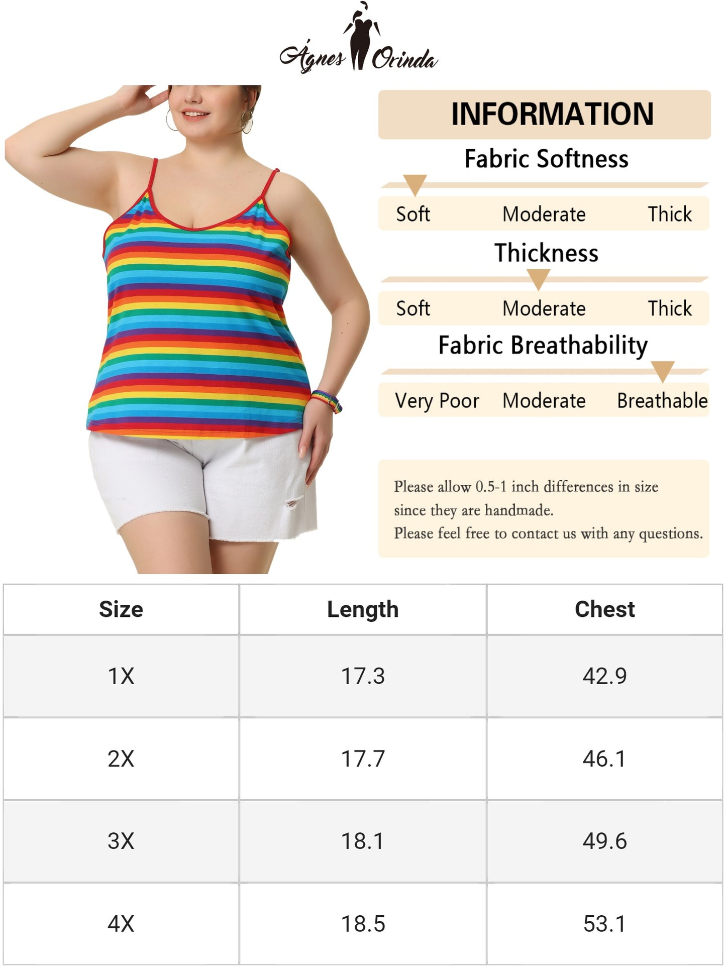 Women Plus Size Rainbow Stripe Cami Sleeveless Stretchy Camisole Summer Top