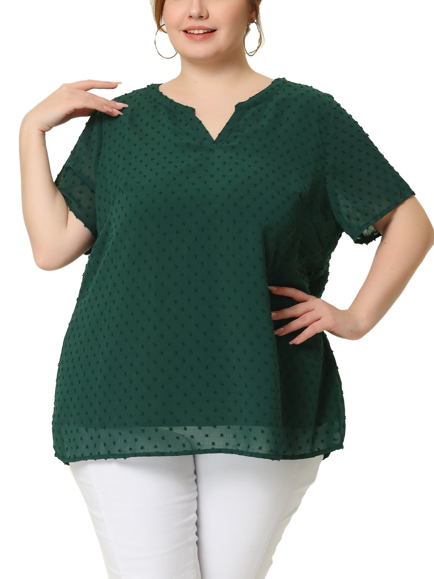 Women Plus Size Summer Top Swiss Dots Notched Neck Short Sleeve Blouse