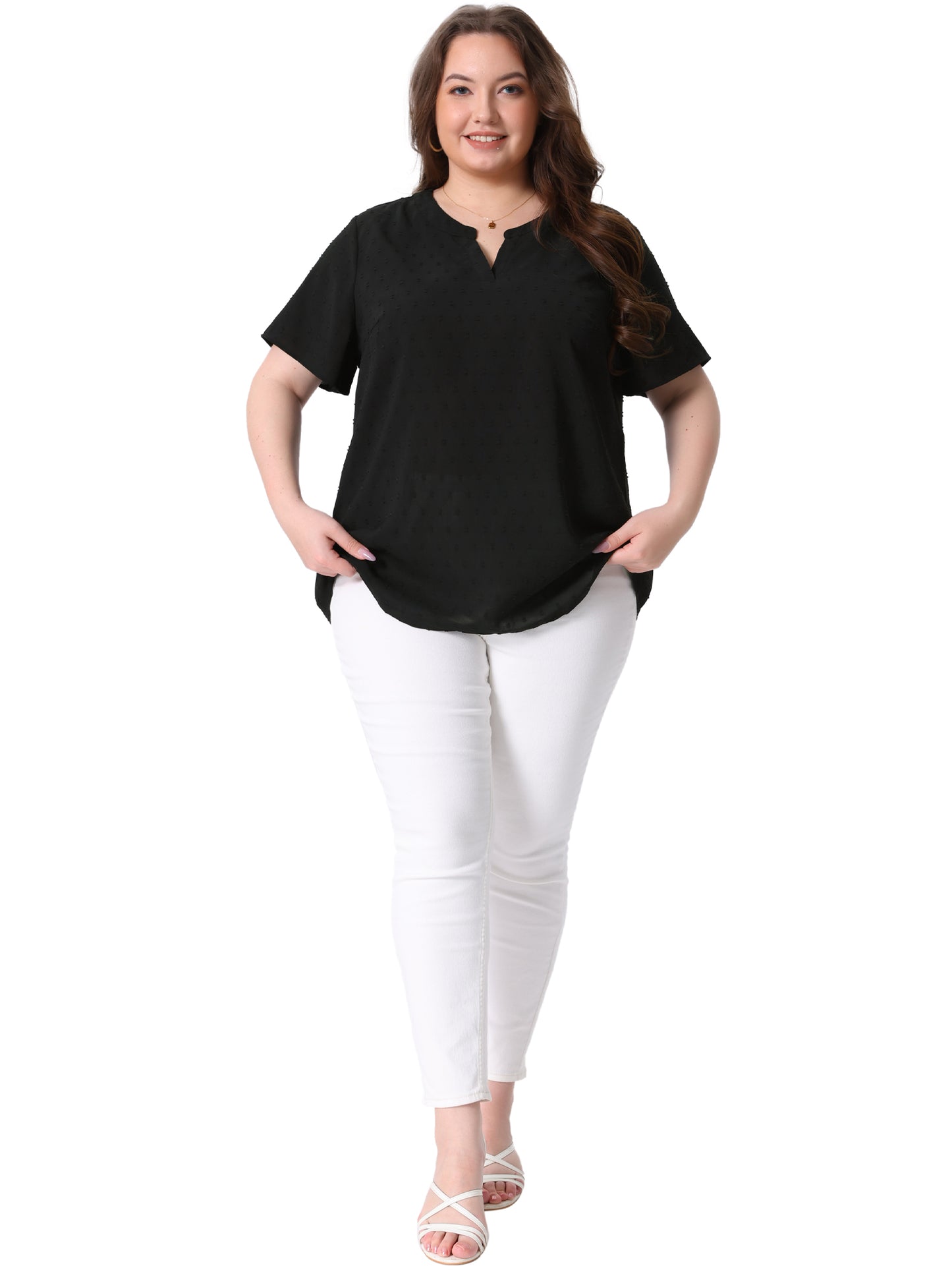 Women Plus Size Summer Top Swiss Dots Notched Neck Short Sleeve Blouse