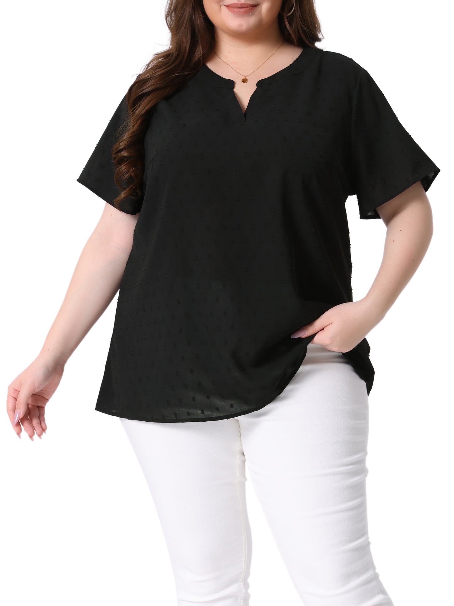 Women Plus Size Summer Top Swiss Dots Notched Neck Short Sleeve Blouse