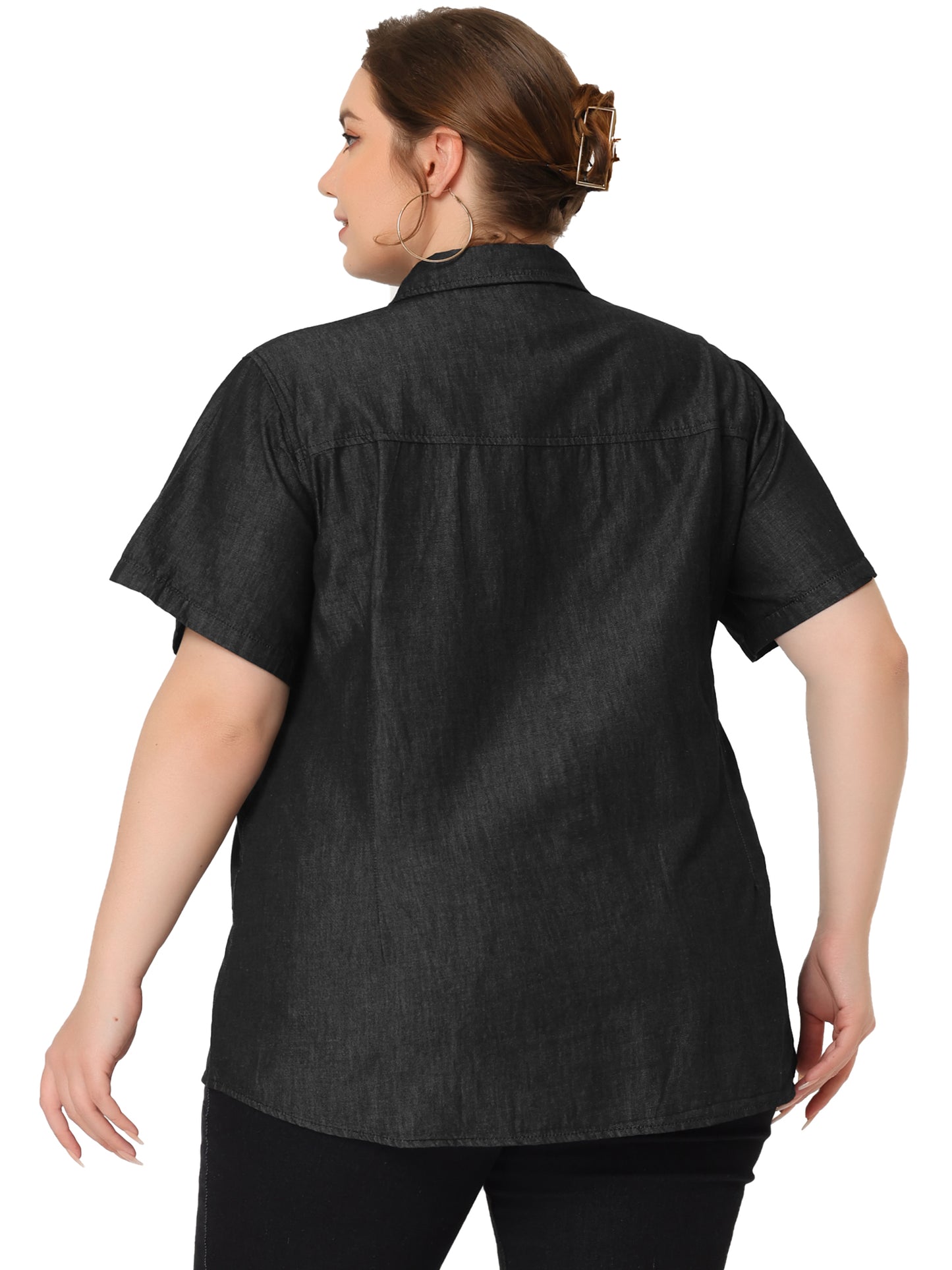 Women Plus Size Denim Shirts Short Sleeve Chambray Button Down Casual Shirt