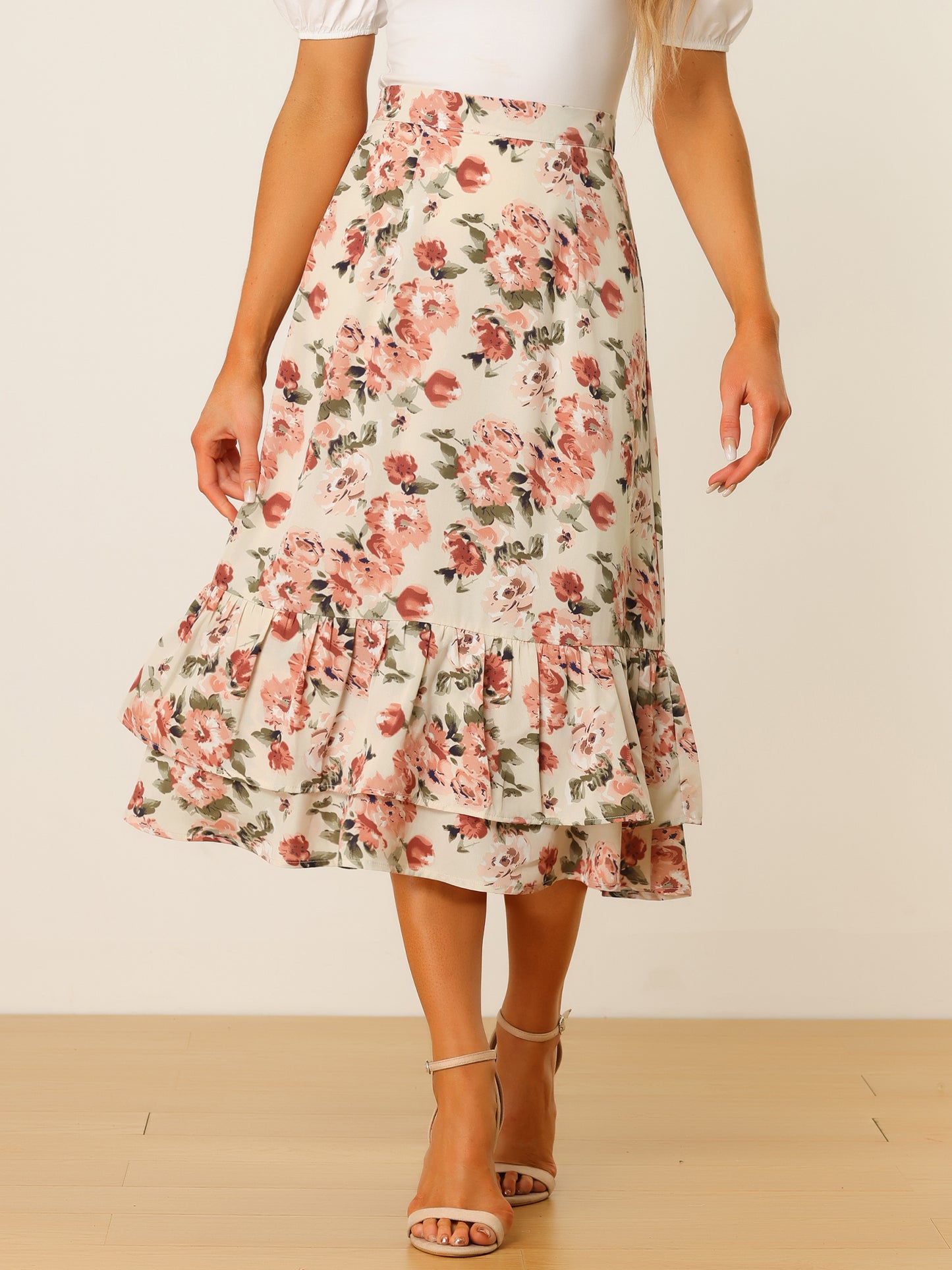 Women's Printed Skirt Summer Chiffon Ruffle Tiered Flowy Midi Skirt