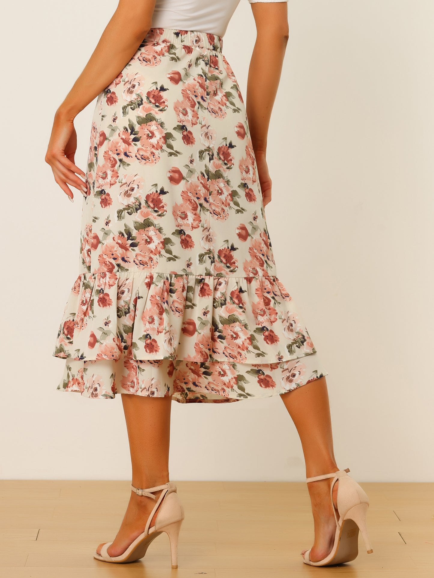 Women's Printed Skirt Summer Chiffon Ruffle Tiered Flowy Midi Skirt