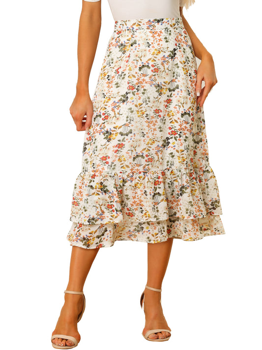 Women's Printed Skirt Summer Chiffon Ruffle Tiered Flowy Midi Skirt