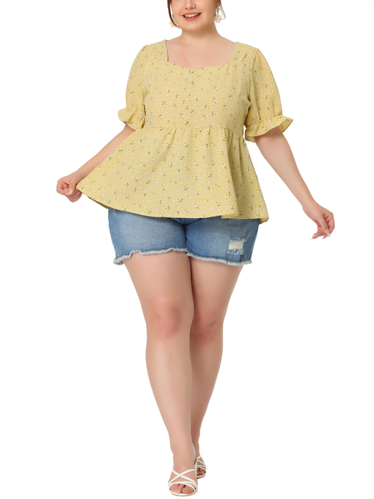 Women Plus Size Blouse Sweetheart Neck Floral Peplum Top