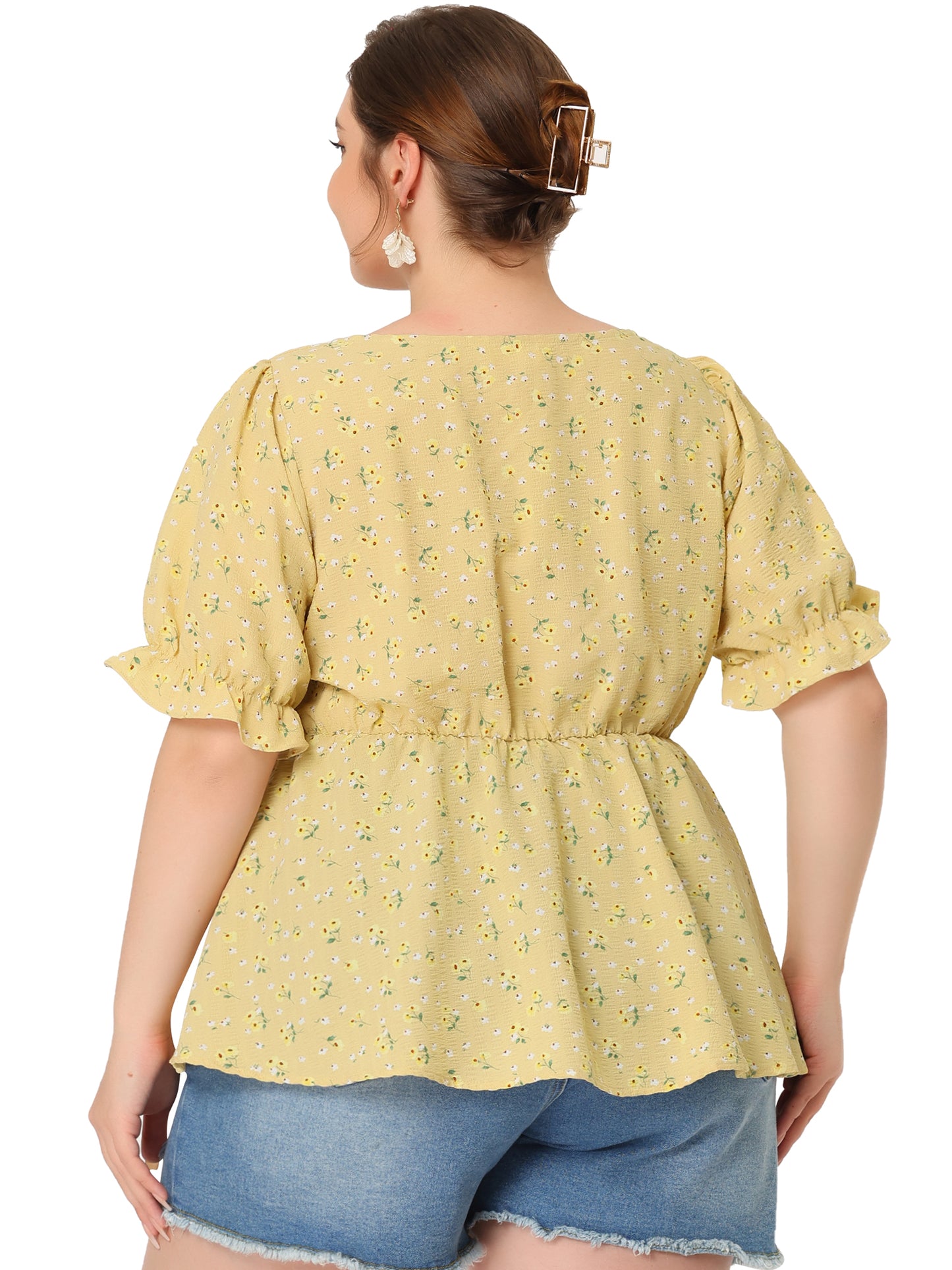 Women Plus Size Blouse Sweetheart Neck Floral Peplum Top