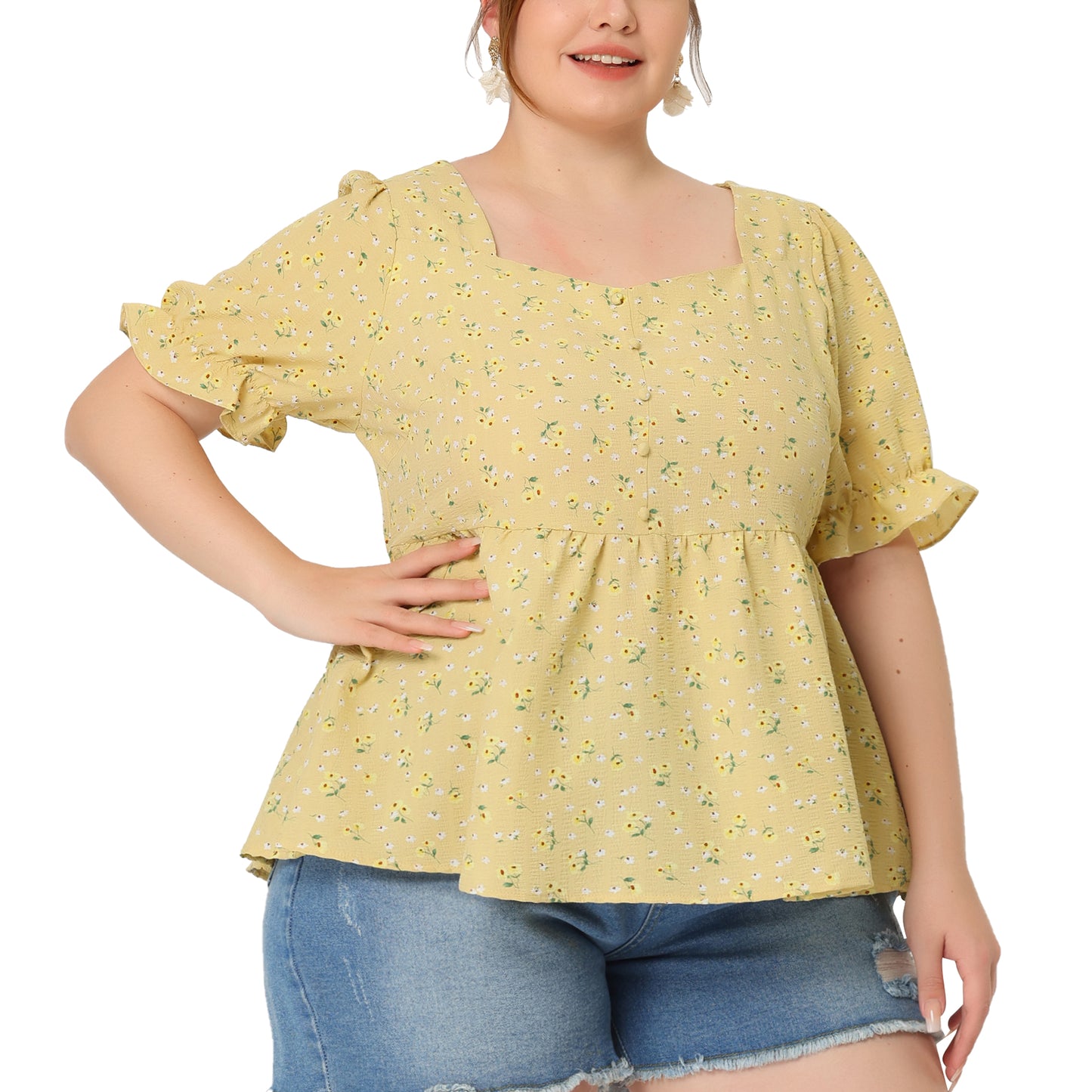 Women Plus Size Blouse Sweetheart Neck Floral Peplum Top